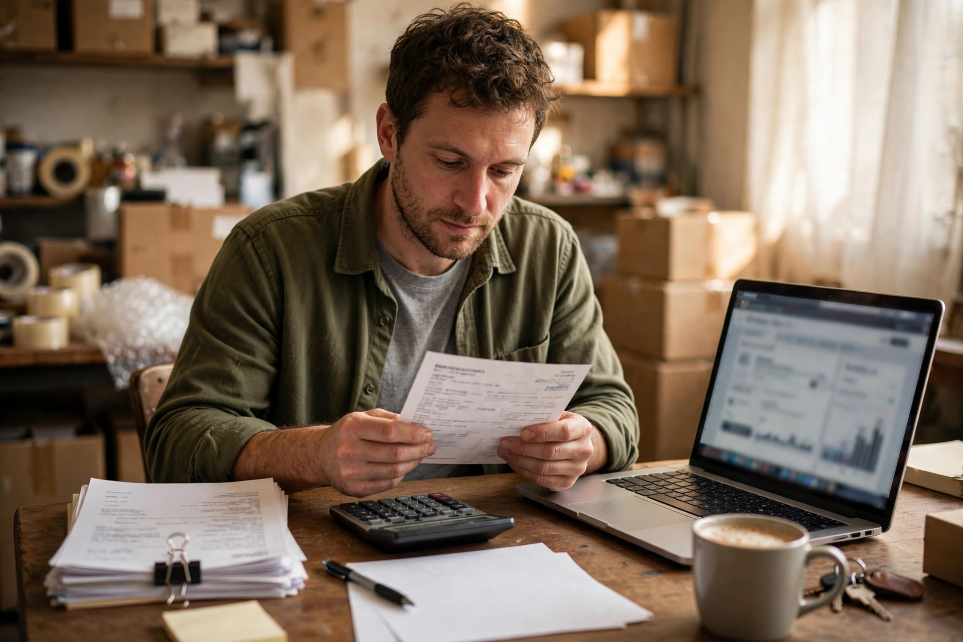 Small business owner at his desk reviewing a printed bank statement, laptop and calculator beside him