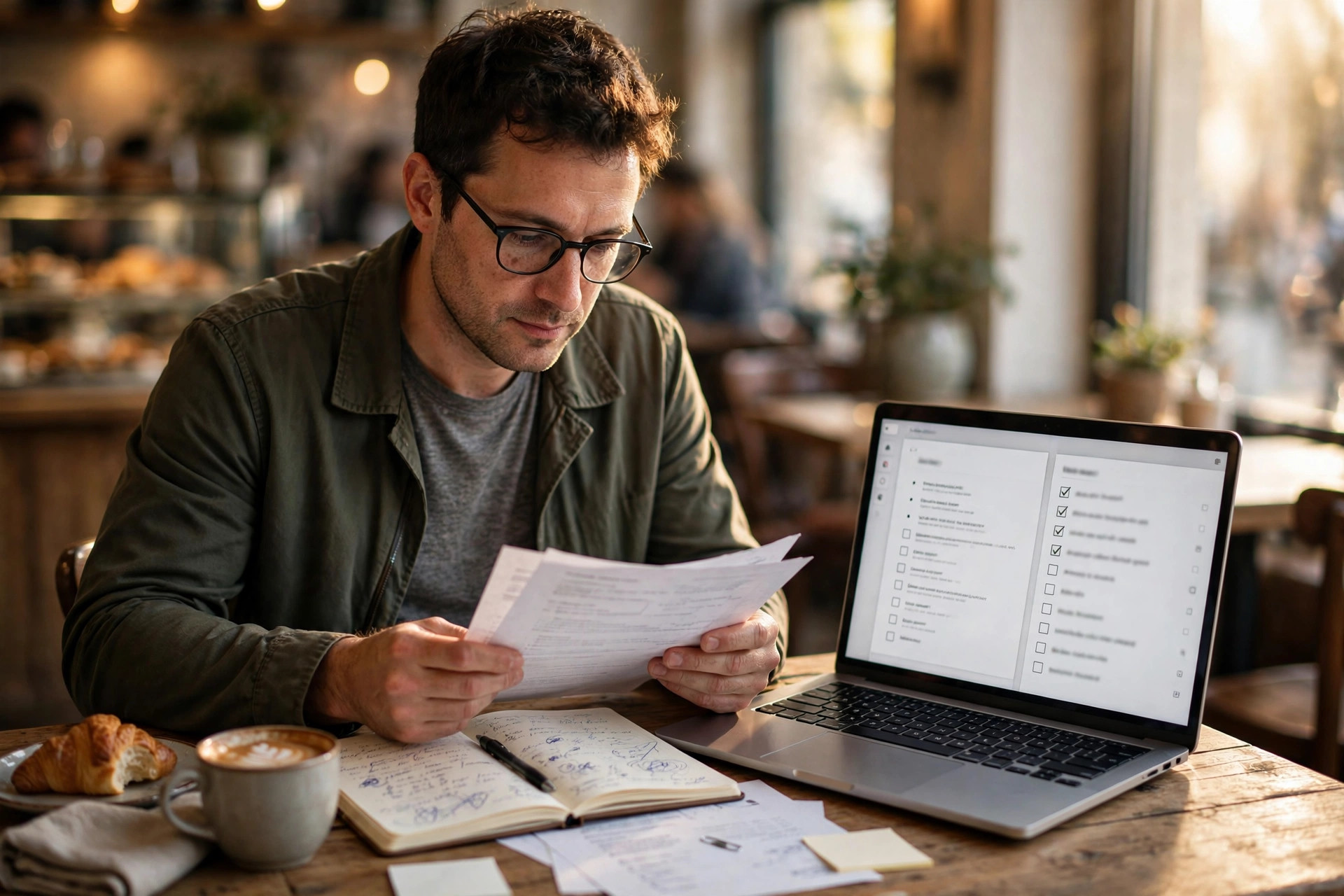 Small business owner reviewing a loan application checklist at a cafe table, with a laptop and notebook