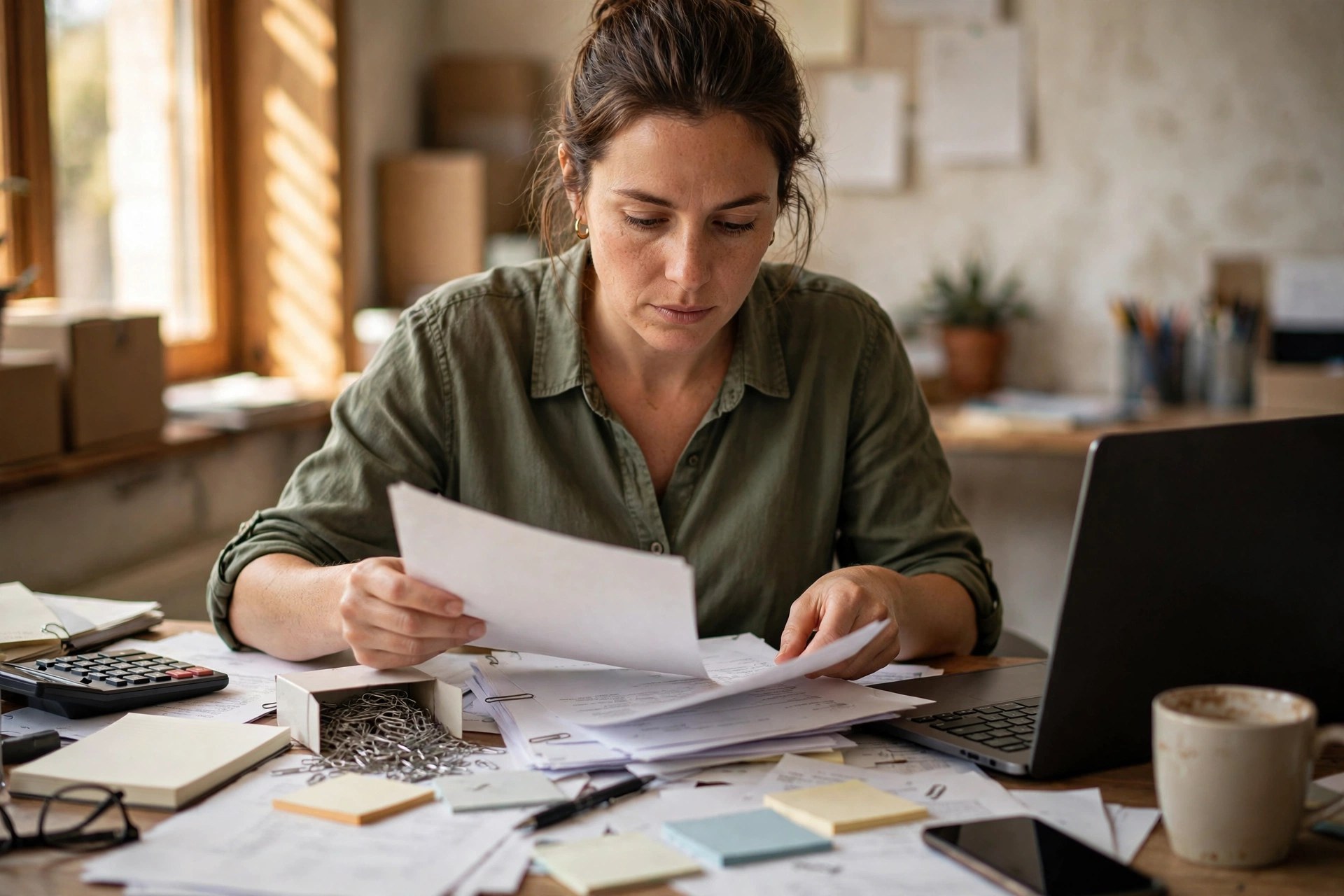 Small business owner at a cluttered back-office desk sorting through business paperwork and bank statements, hunting for one missing document