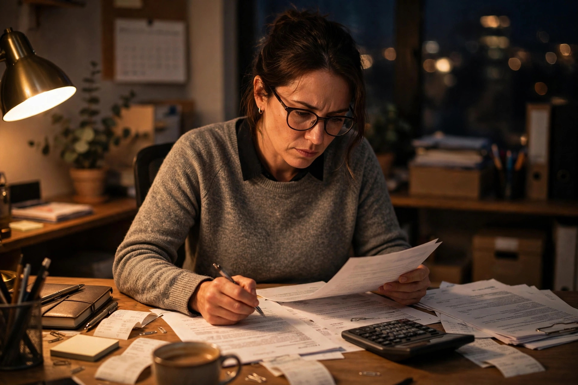 Small business owner reviewing financial paperwork and contracts at a desk at night, looking serious and determined