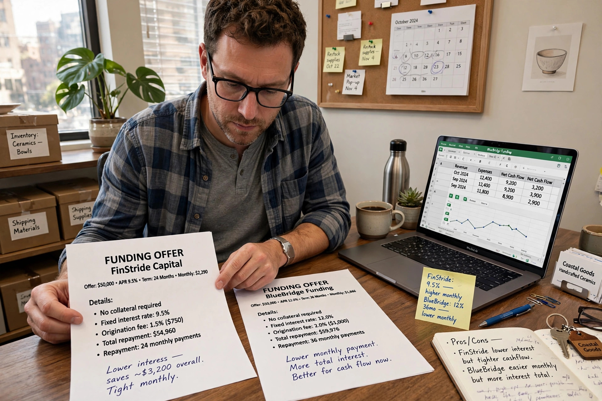 Small business owner comparing two printed funding offers side by side at a desk with a laptop and spreadsheet open
