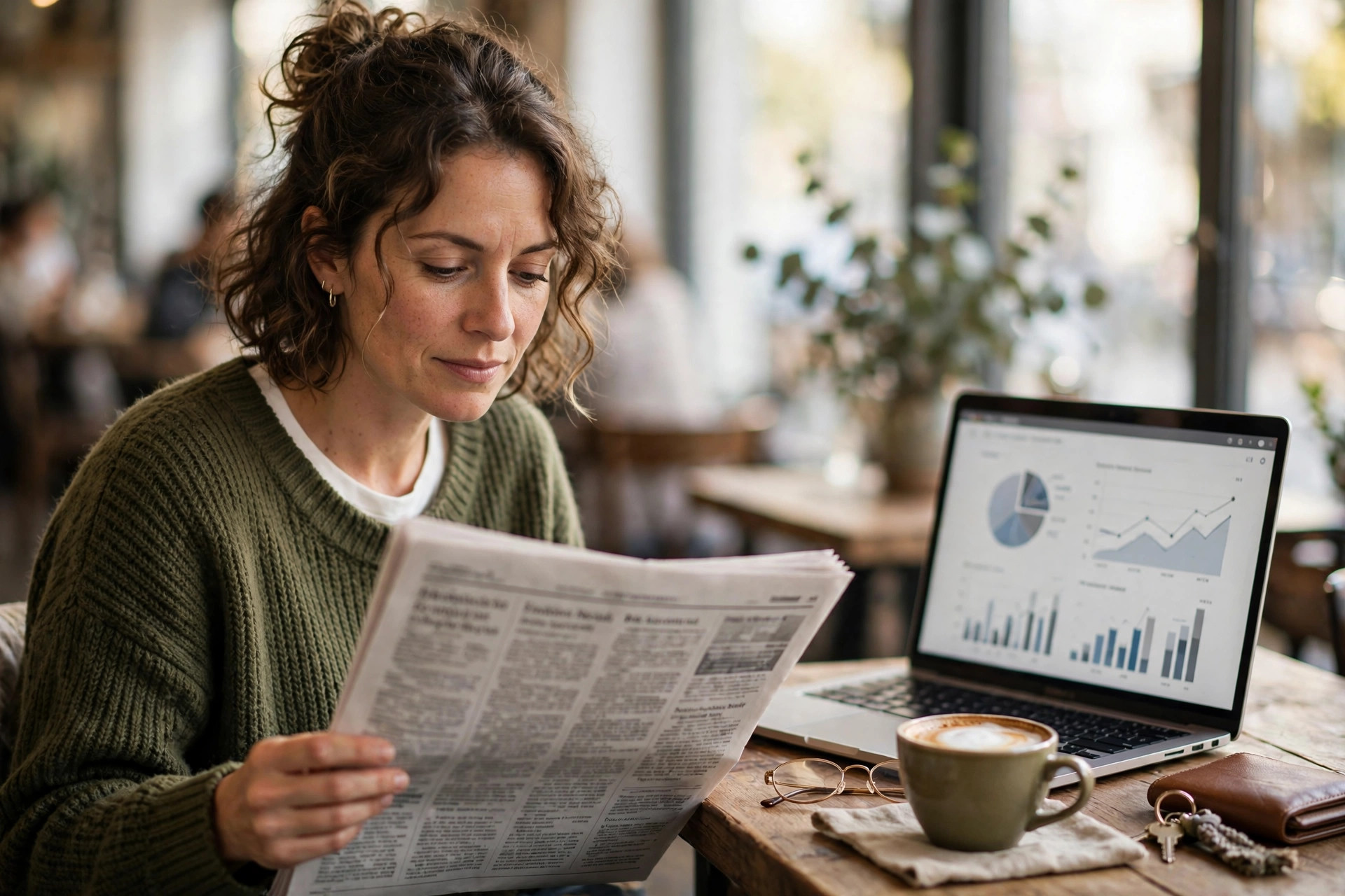 Small business owner reading a financial newspaper at a bright café table, laptop open to a banking dashboard beside a coffee cup