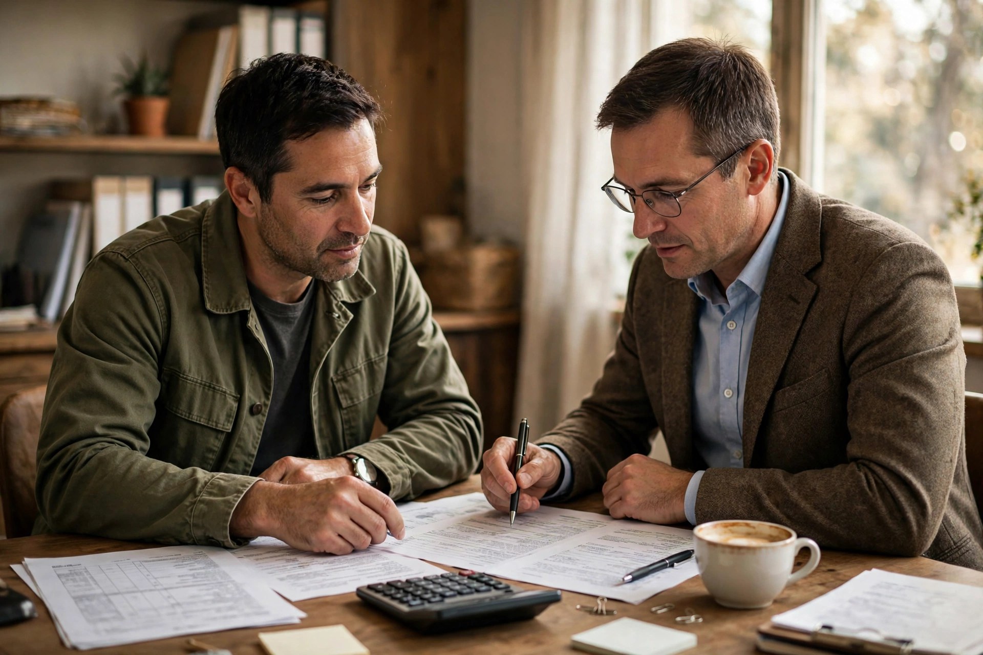 Small business owner reviewing loan paperwork with a funding advisor at a desk