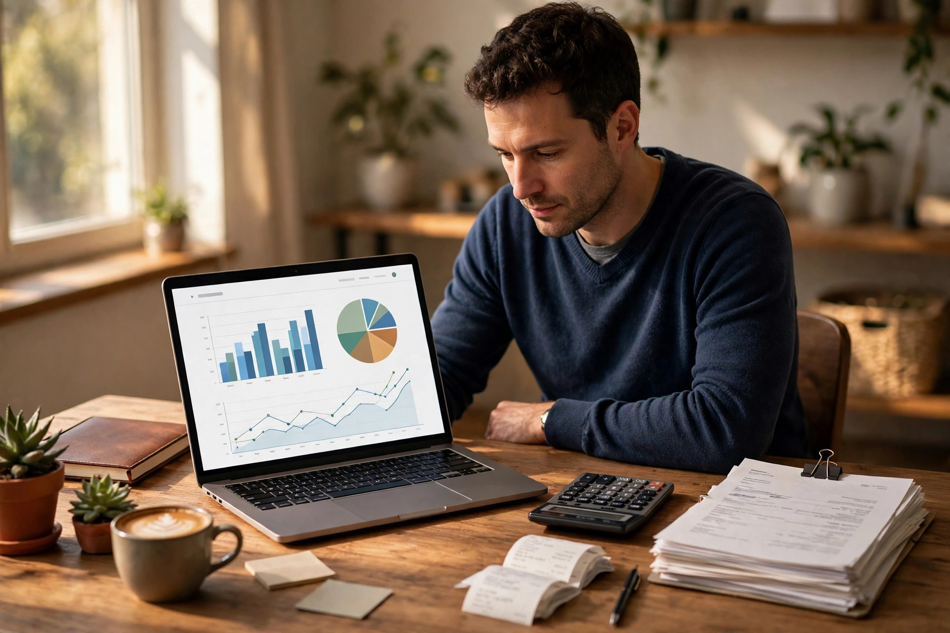 Small business owner reviewing funding options on a laptop with accounting records and invoices on the desk