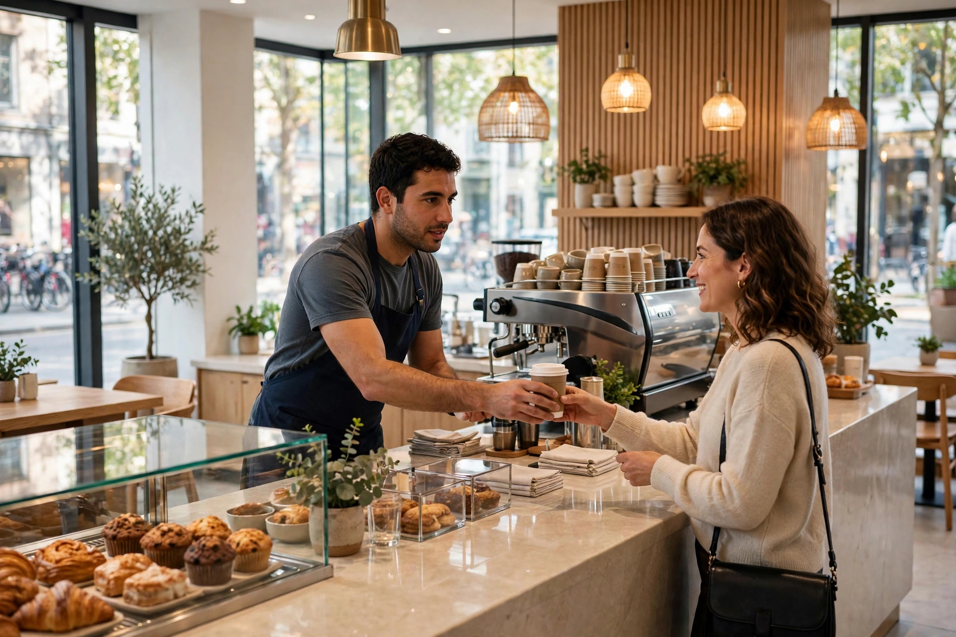Barista serving a customer inside a bright, modern franchise café