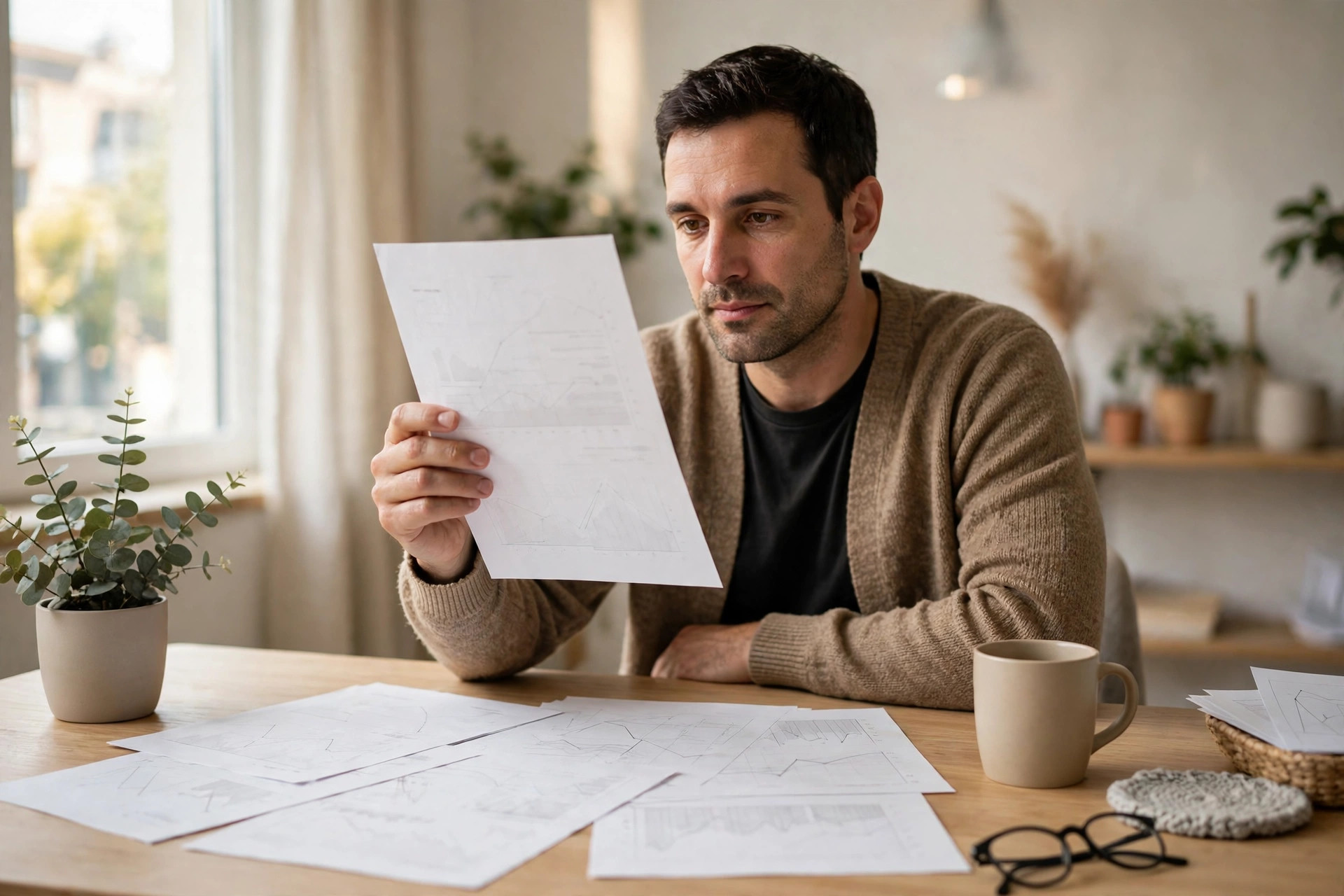 Small business owner reviewing printed bank statements at a desk