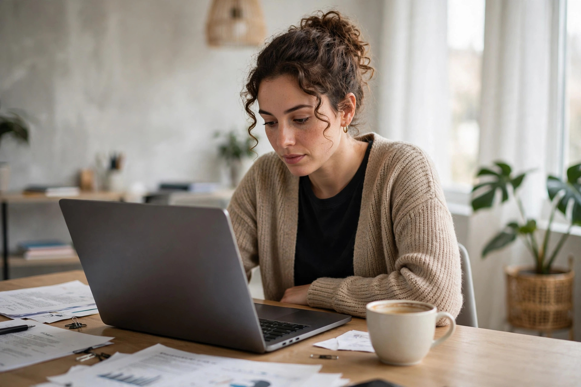 A business owner reviewing a loan application on a laptop at a desk with papers and coffee
