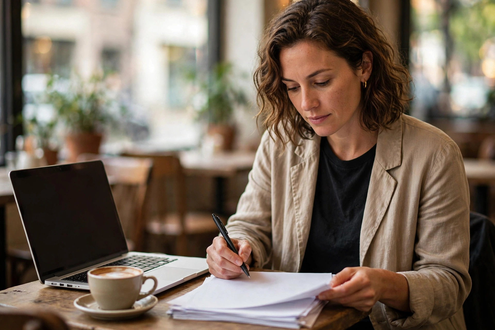 Small business owner reviewing printed funding paperwork with a pen at a bright cafe table, laptop and coffee beside the papers