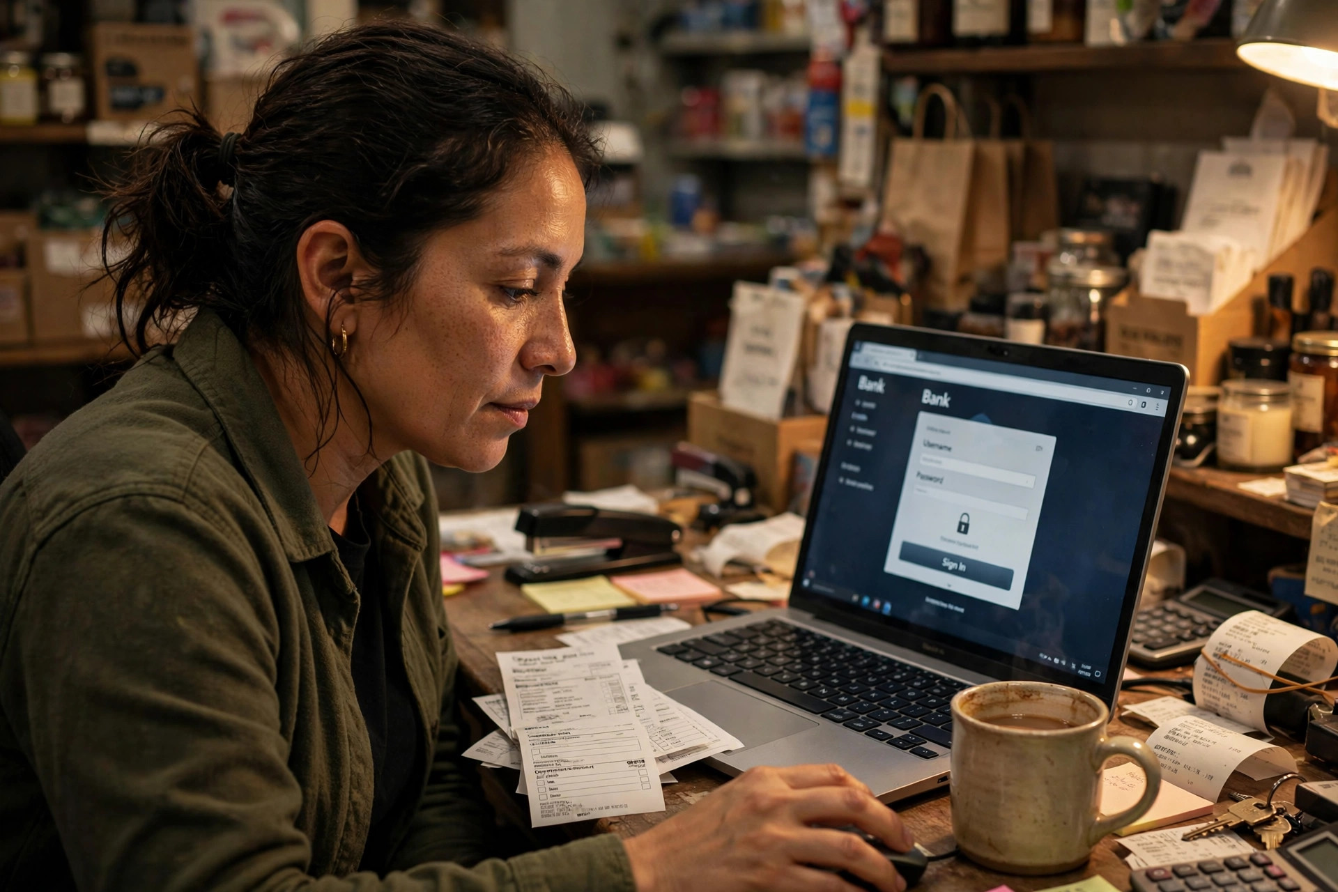 Small business owner at her back-office desk with a bank login screen on her laptop, printed deposit slips and coffee beside her