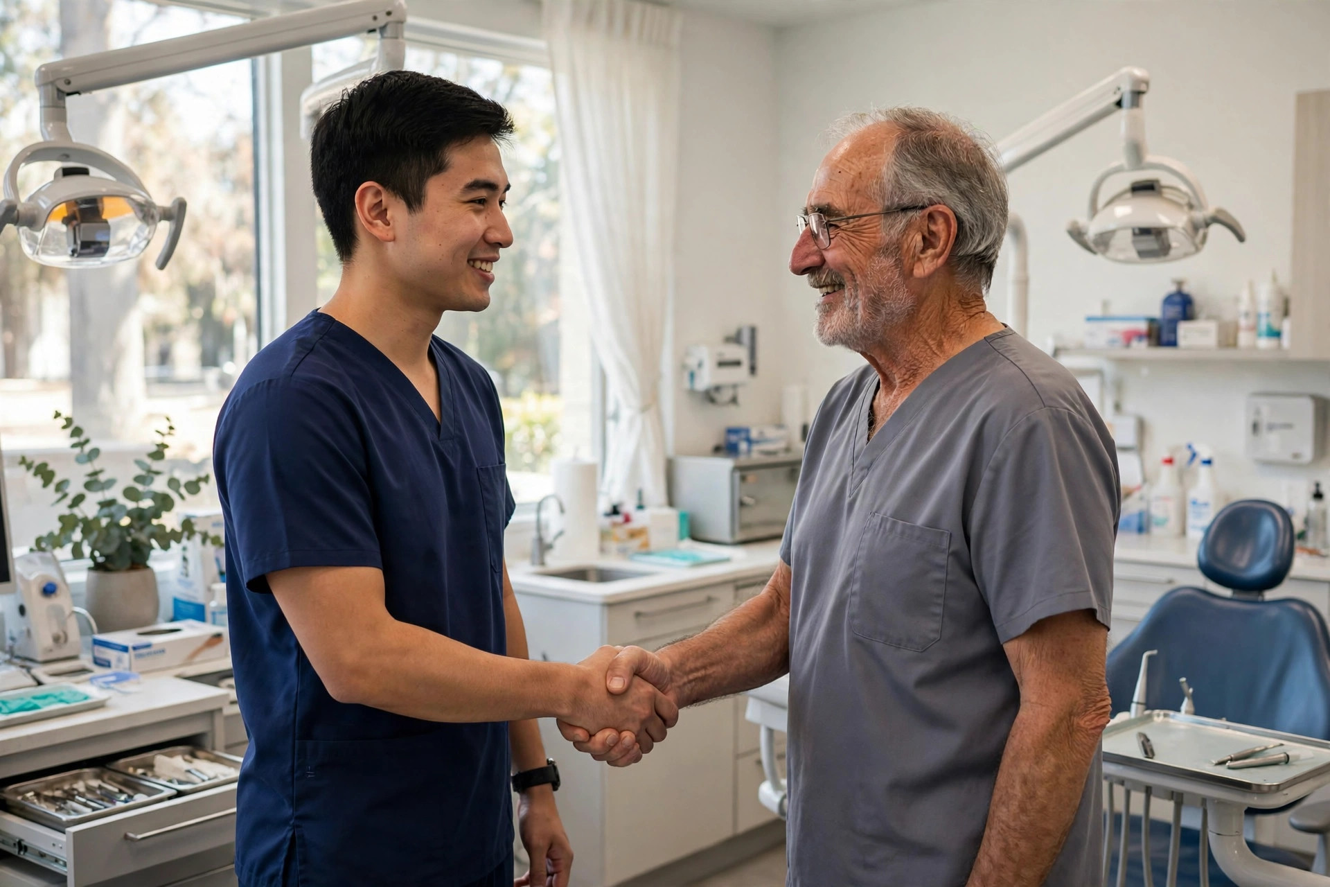 Young dentist shaking hands with retiring practice owner in a bright modern dental office