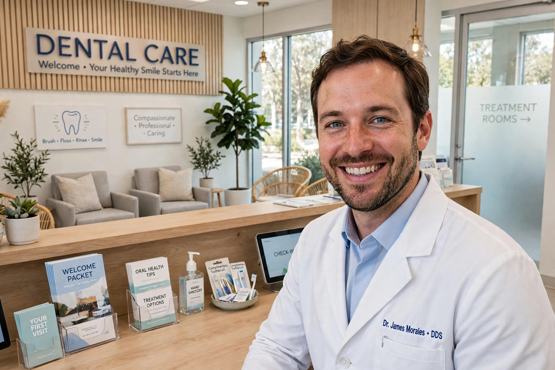 A dentist smiling in a bright modern dental practice reception area