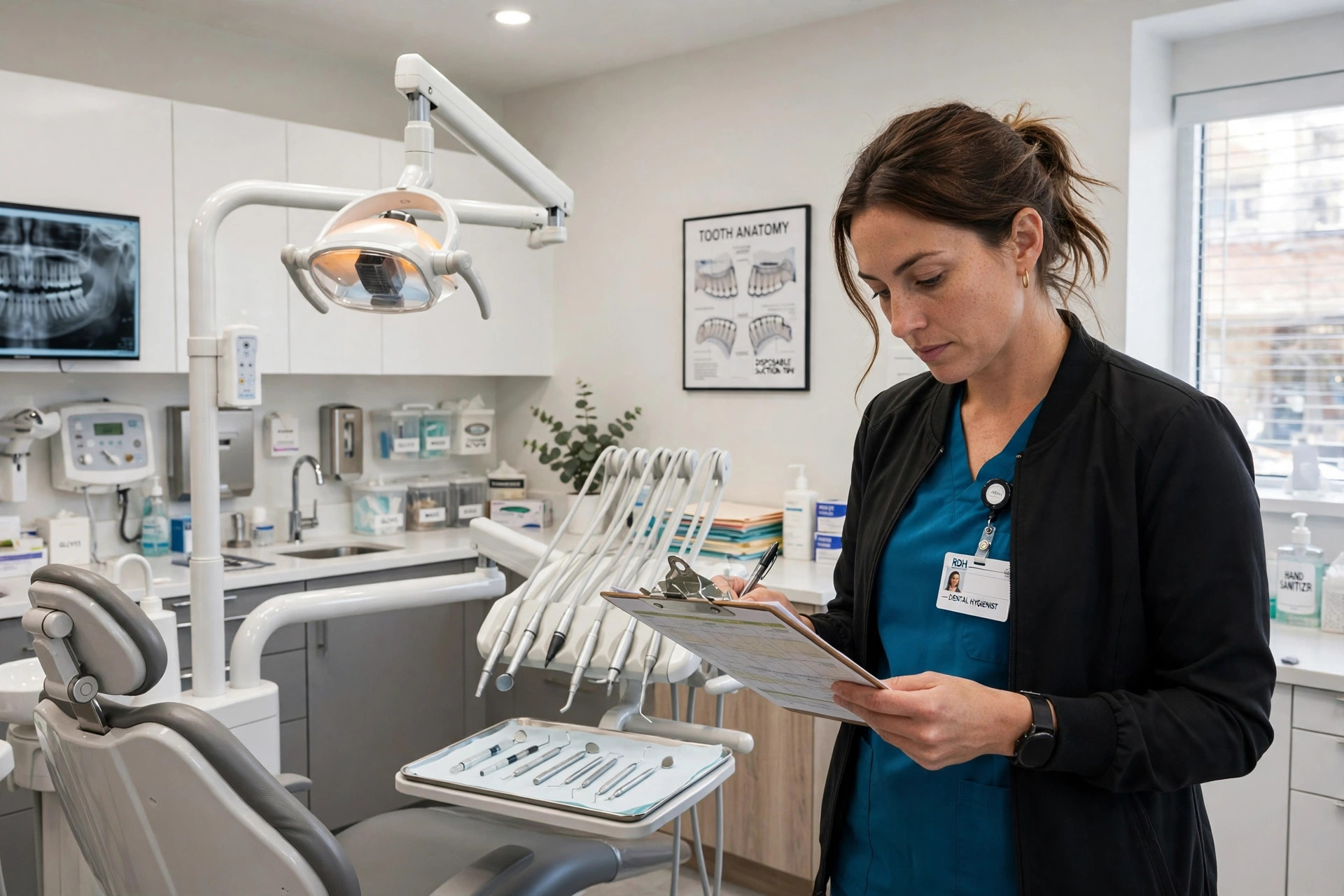 Dental hygienist reviewing a chart in a bright modern dental treatment room with a dental chair and equipment