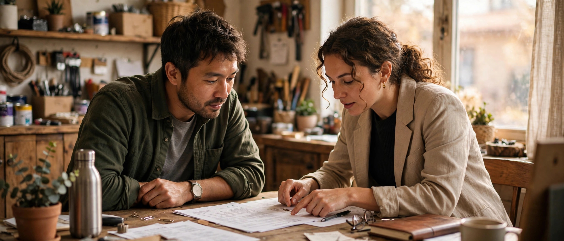 Business owner reviewing funding paperwork with a funding advisor at his workshop desk