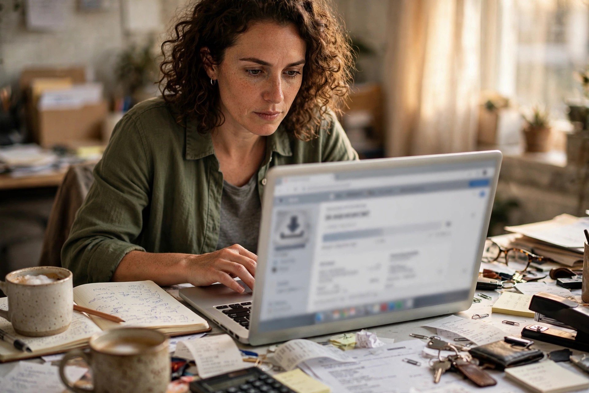 Business owner downloading bank statements on a laptop, with printed statements and a calculator on a desk