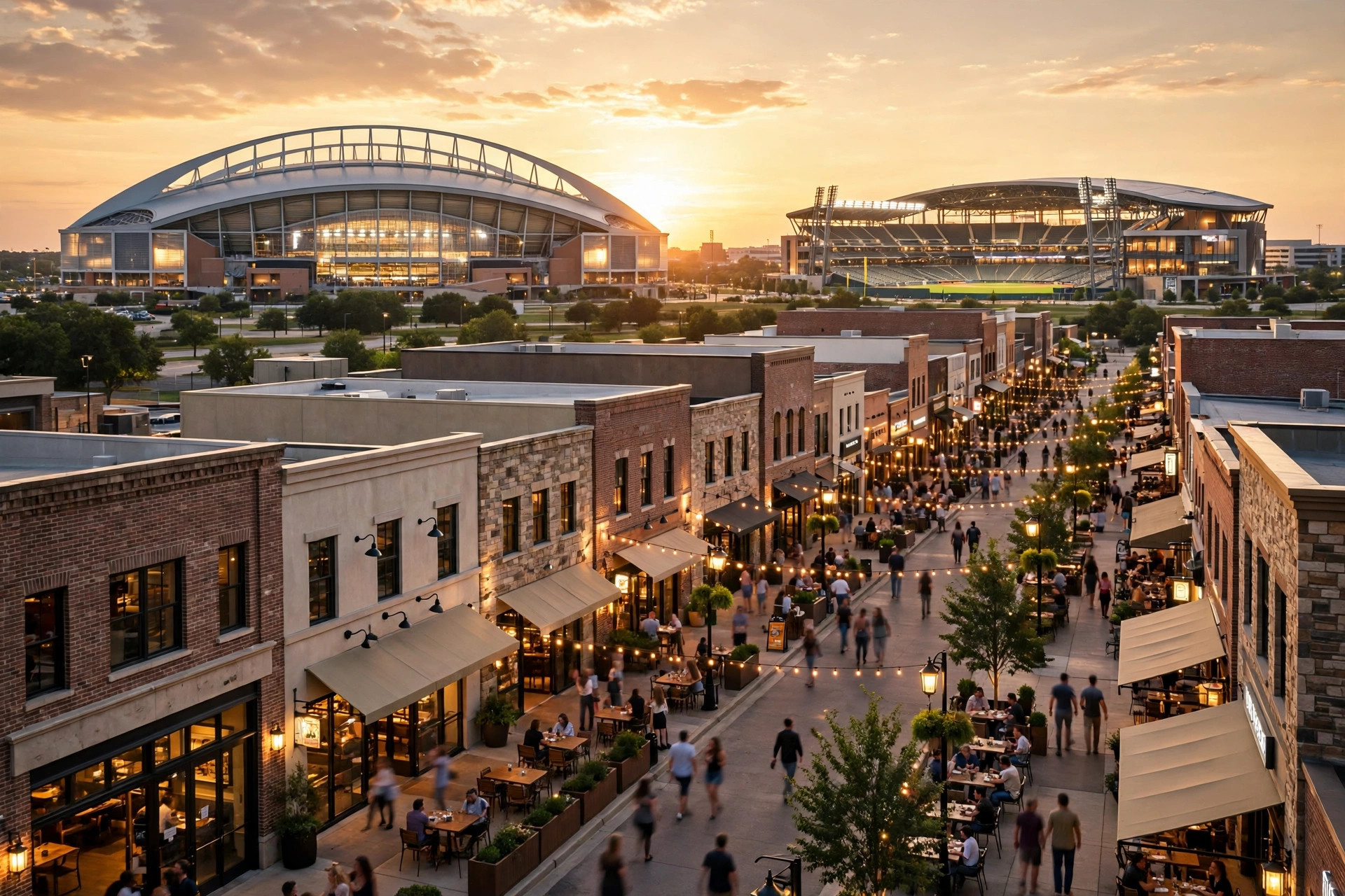 Downtown Arlington, Texas entertainment district at golden hour, with stadiums glowing in the distance and a busy small-business street in the foreground