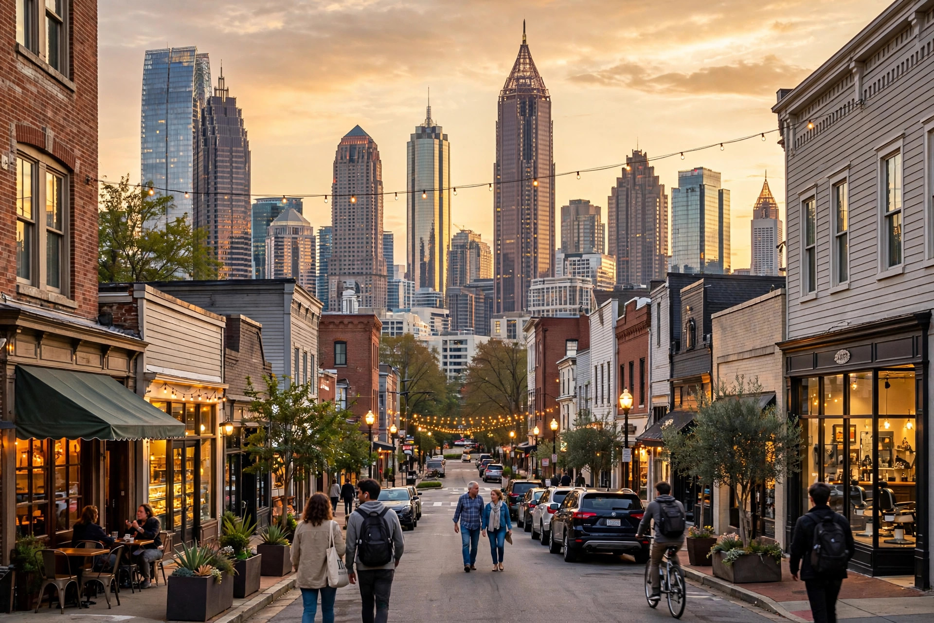 Atlanta, Georgia downtown skyline at golden hour, seen from a neighborhood street with small businesses and storefronts