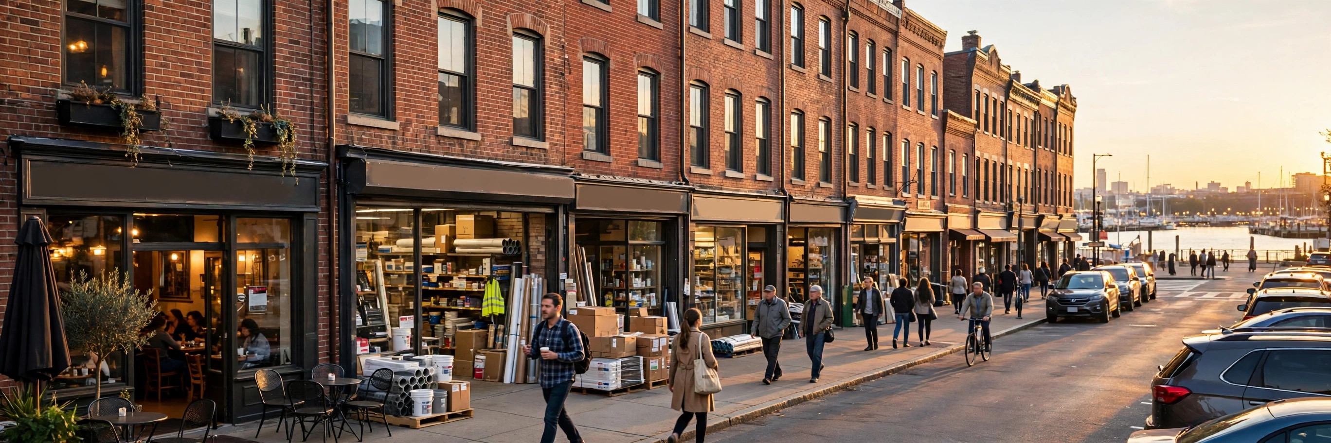 A Baltimore commercial street at golden hour with brick rowhouse storefronts and small businesses