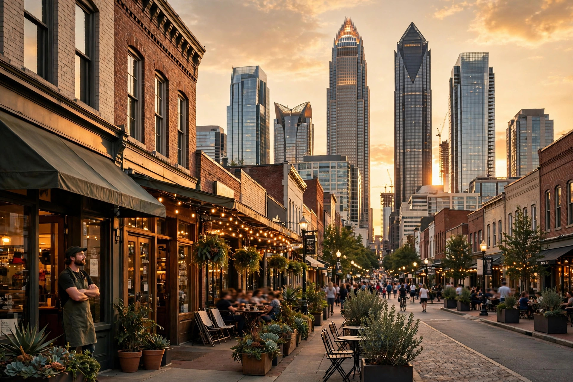 Downtown Charlotte, North Carolina skyline at golden hour, with a small business street in the foreground
