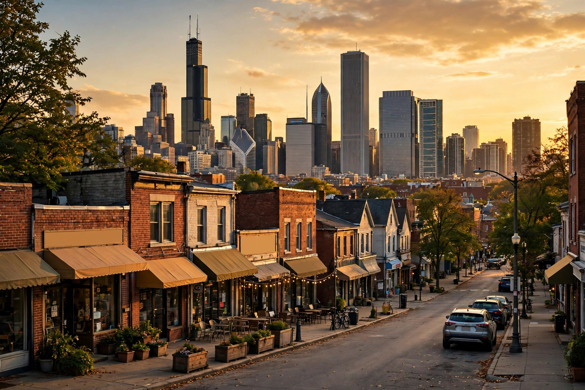Chicago, Illinois downtown skyline at golden hour, seen from a neighborhood street with small businesses and storefronts