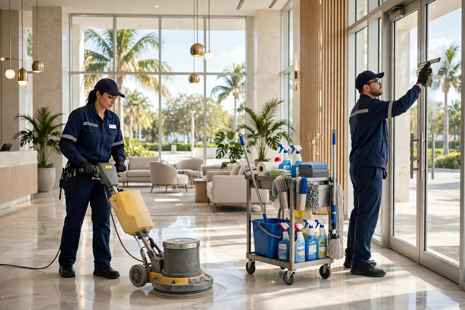 Professional cleaning crew in uniforms cleaning a bright Florida hotel lobby with palm trees visible through the windows
