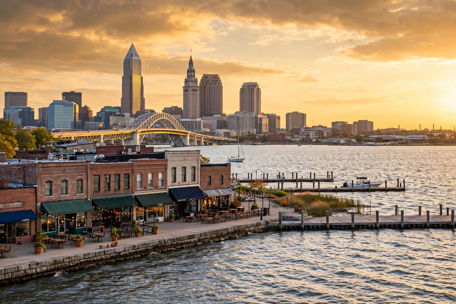 Cleveland, Ohio downtown skyline at golden hour across Lake Erie, with modern office towers, a bridge, and brick commercial storefronts