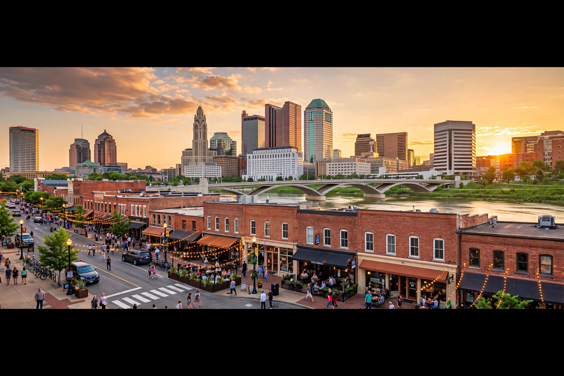 Columbus, Ohio downtown skyline at golden hour across the river, with modern office towers and brick commercial storefronts