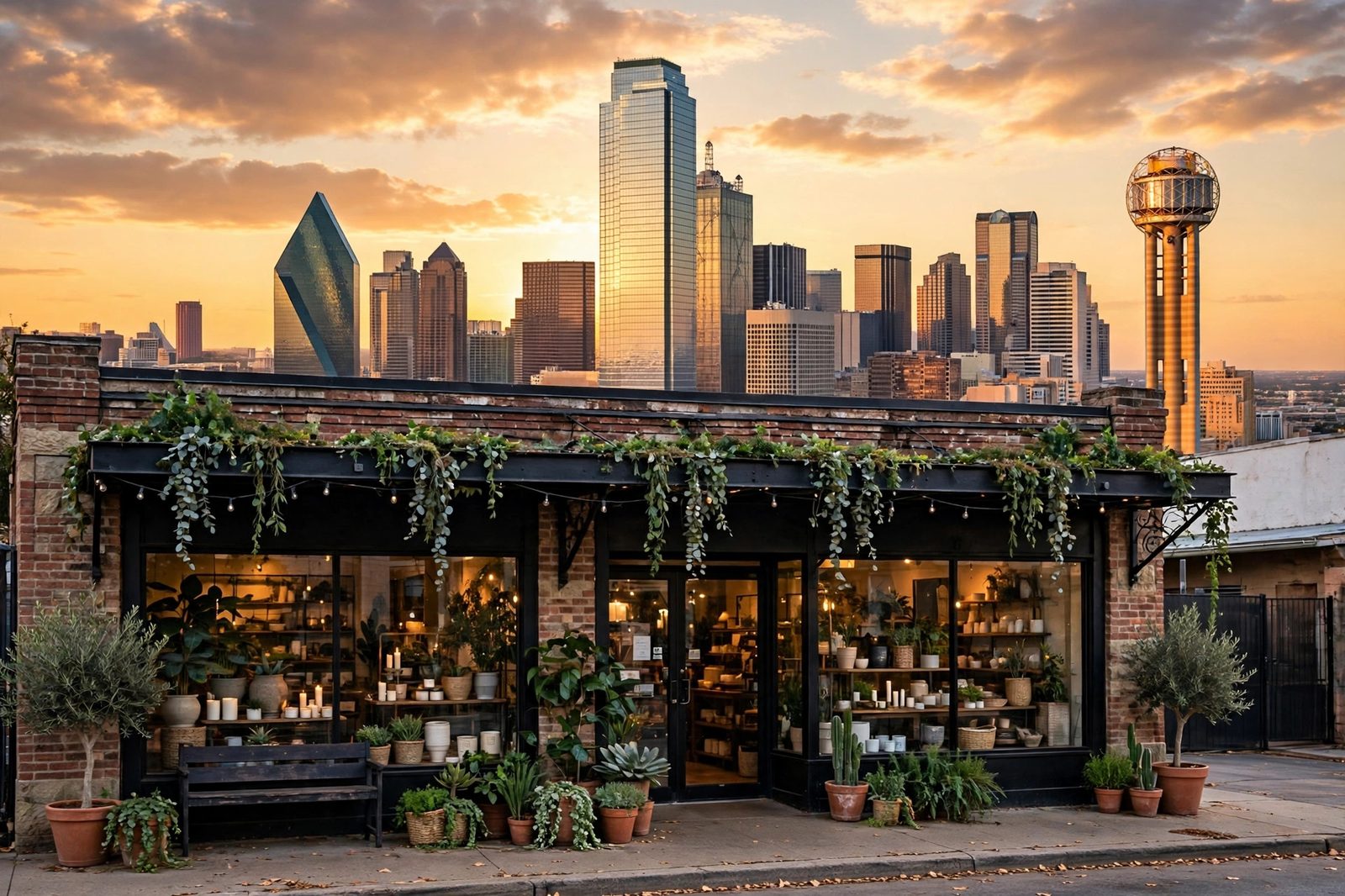 The Dallas, Texas skyline at golden hour with a small business storefront in the foreground