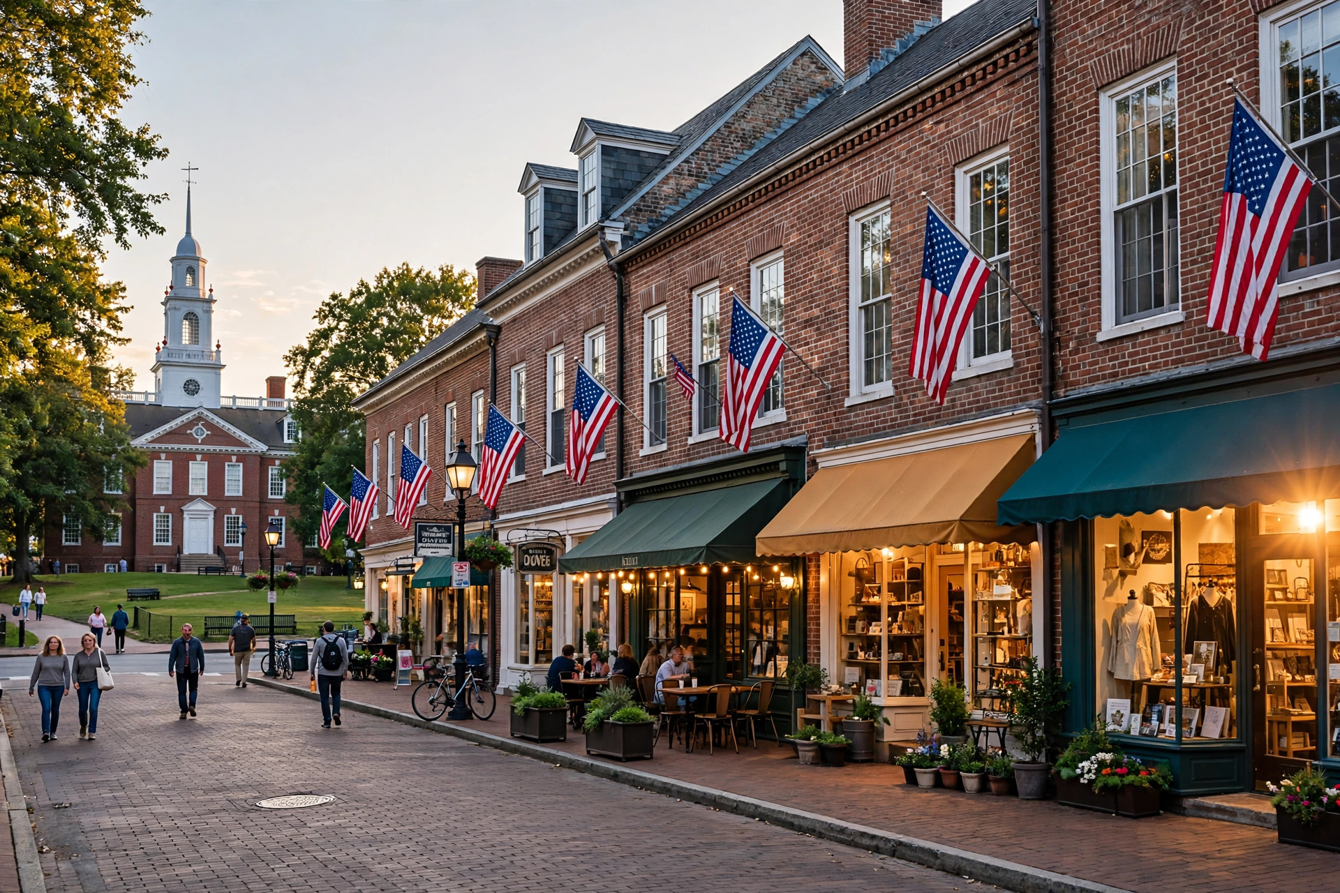 Downtown Dover Delaware at golden hour with historic brick buildings around The Green and small business storefronts