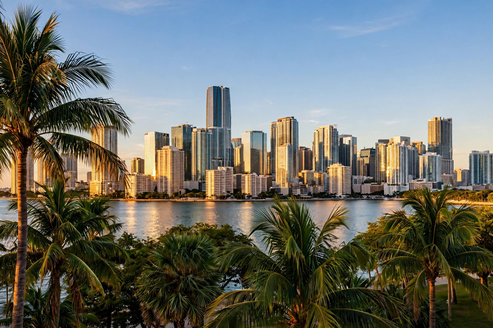 Miami skyline at golden hour with palm trees