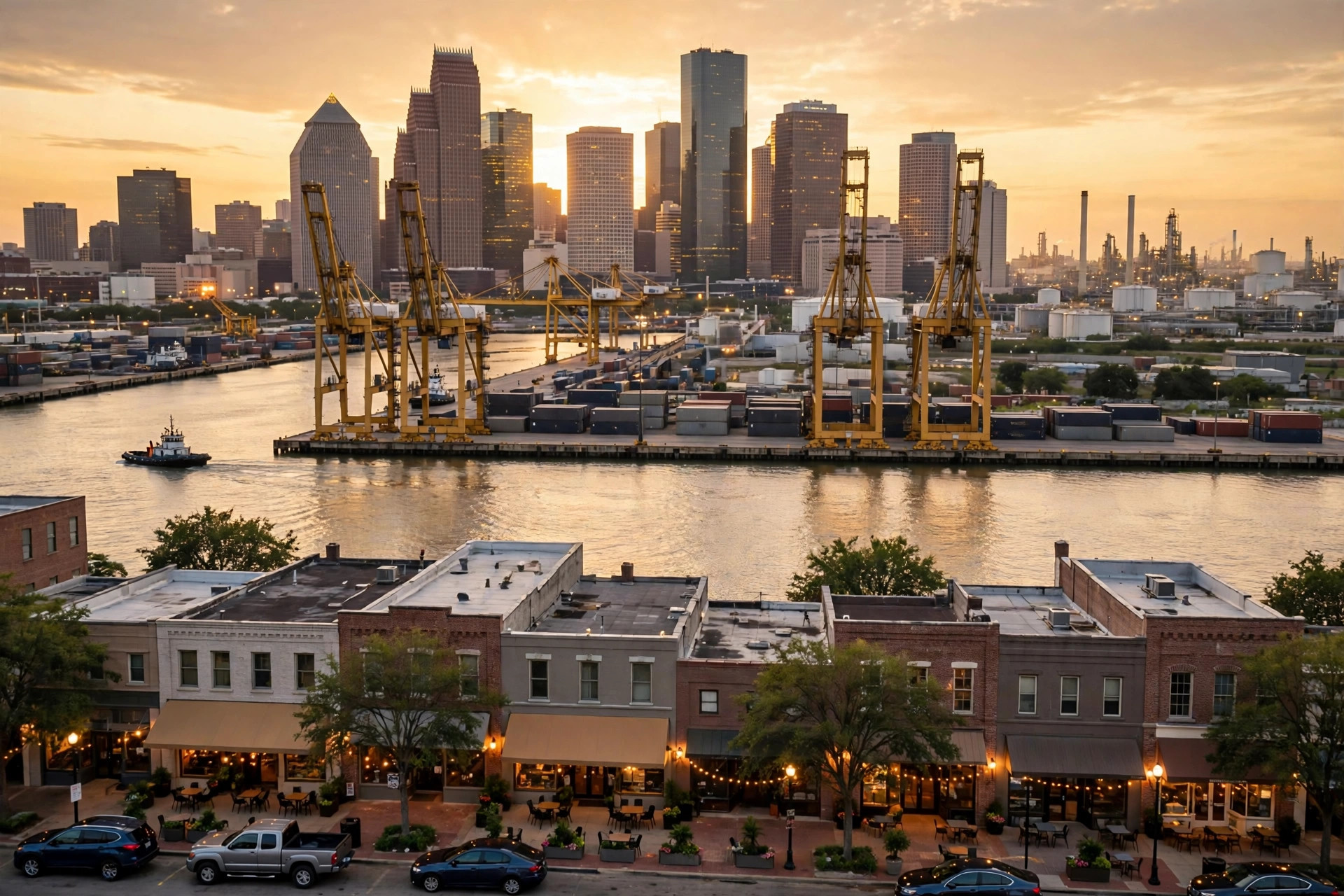 Downtown Houston, Texas skyline at golden hour, with Ship Channel port cranes and containers and a small business street in the foreground