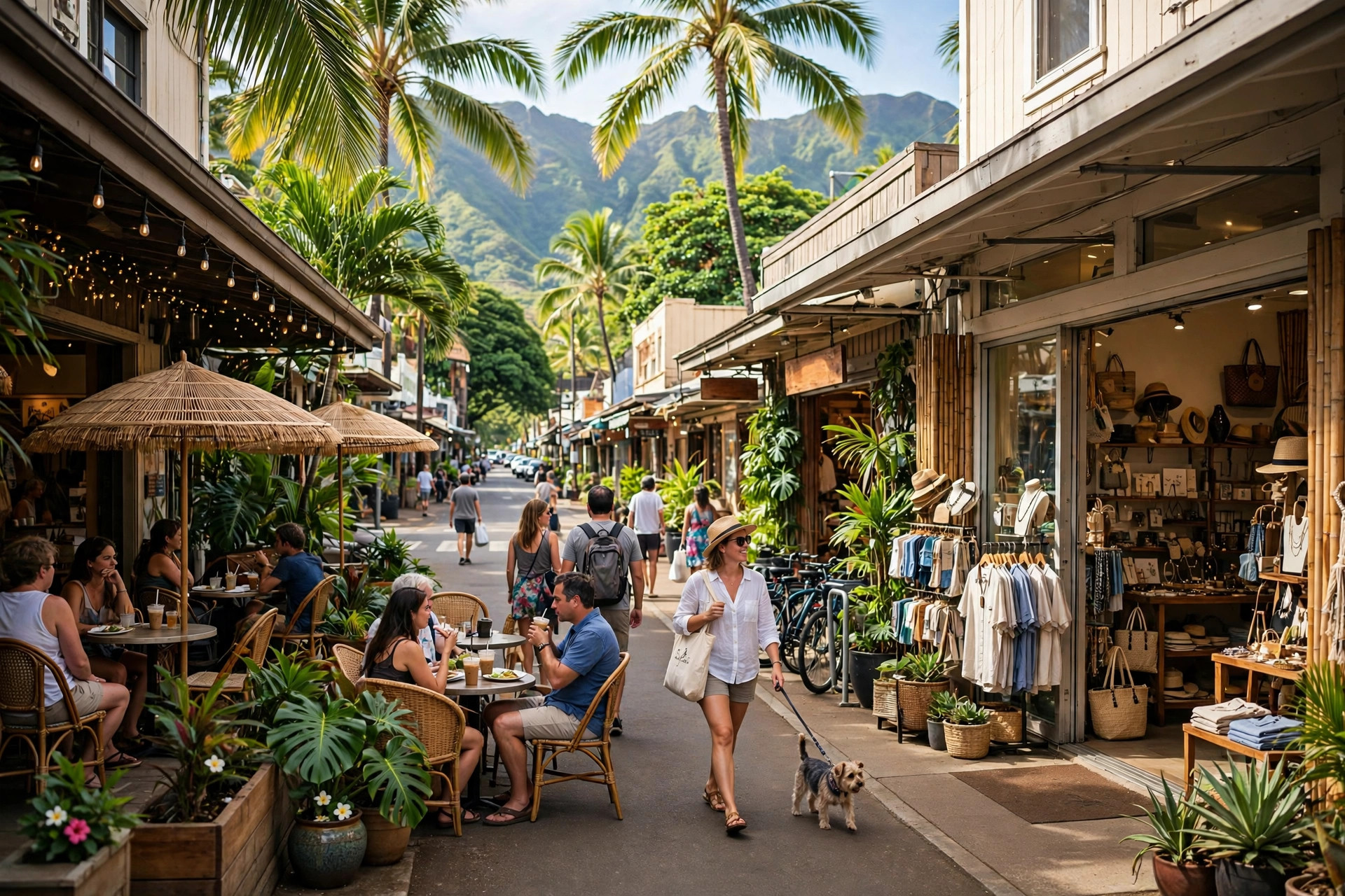 A lively small-business street in Kailua, Hawaii with independent storefronts, cafes, and palm trees on a sunny day