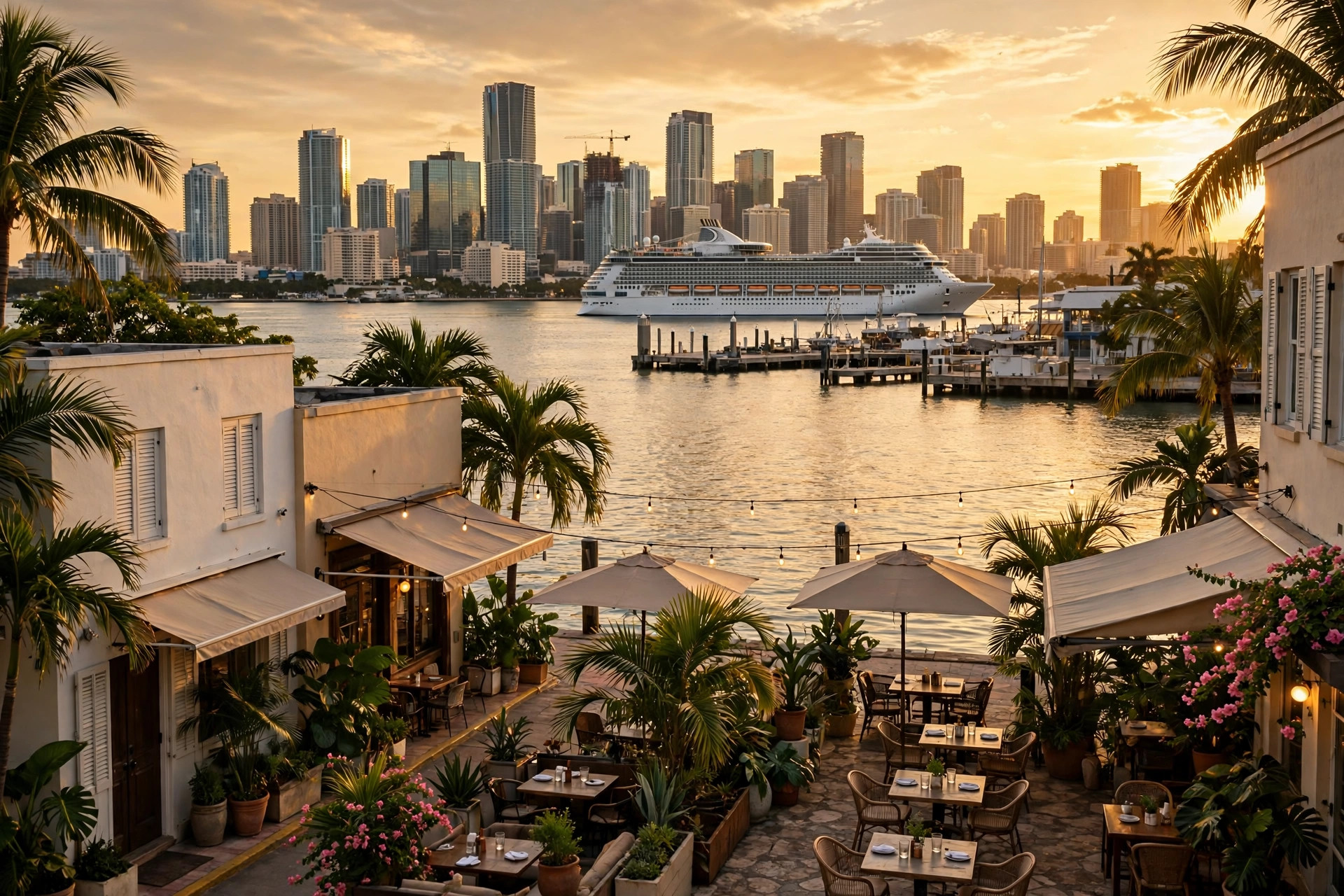 Downtown Miami and Brickell skyline at golden hour across Biscayne Bay, with a cruise ship at PortMiami and waterfront restaurant tables in the foreground