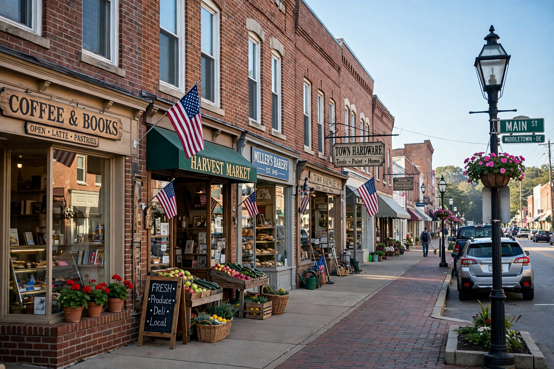 A small business main street in Middletown, Delaware with storefronts on a sunny day
