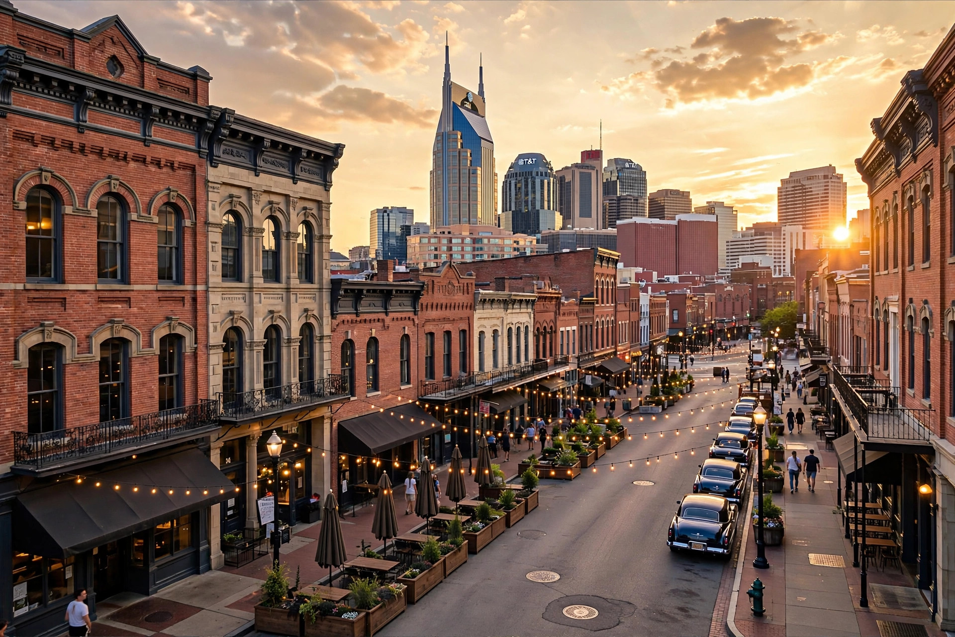 Downtown Nashville, Tennessee skyline at golden hour, with a small business street in the foreground