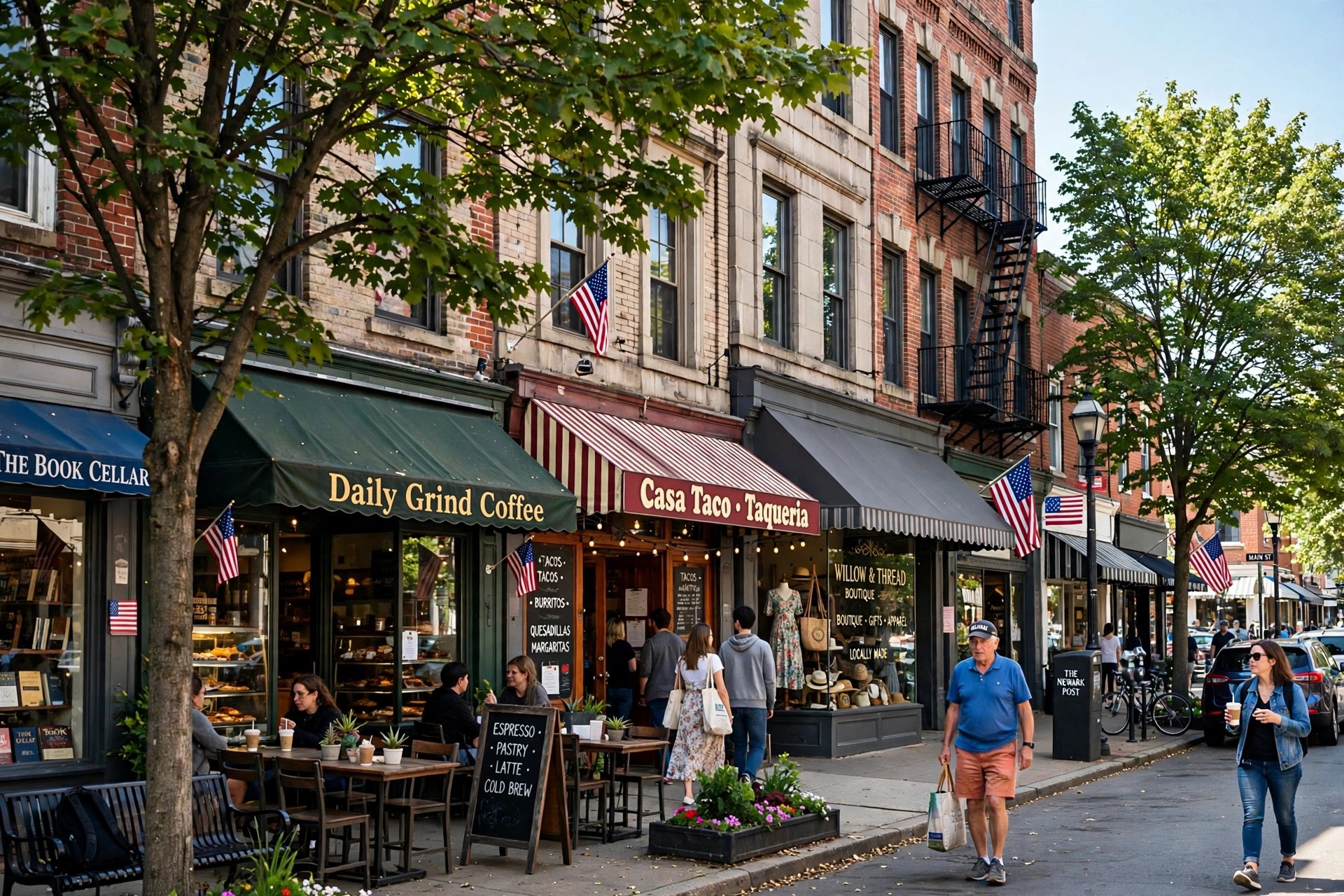 A lively small-business Main Street in Newark, Delaware with independent storefronts, cafes, and shoppers on a sunny day