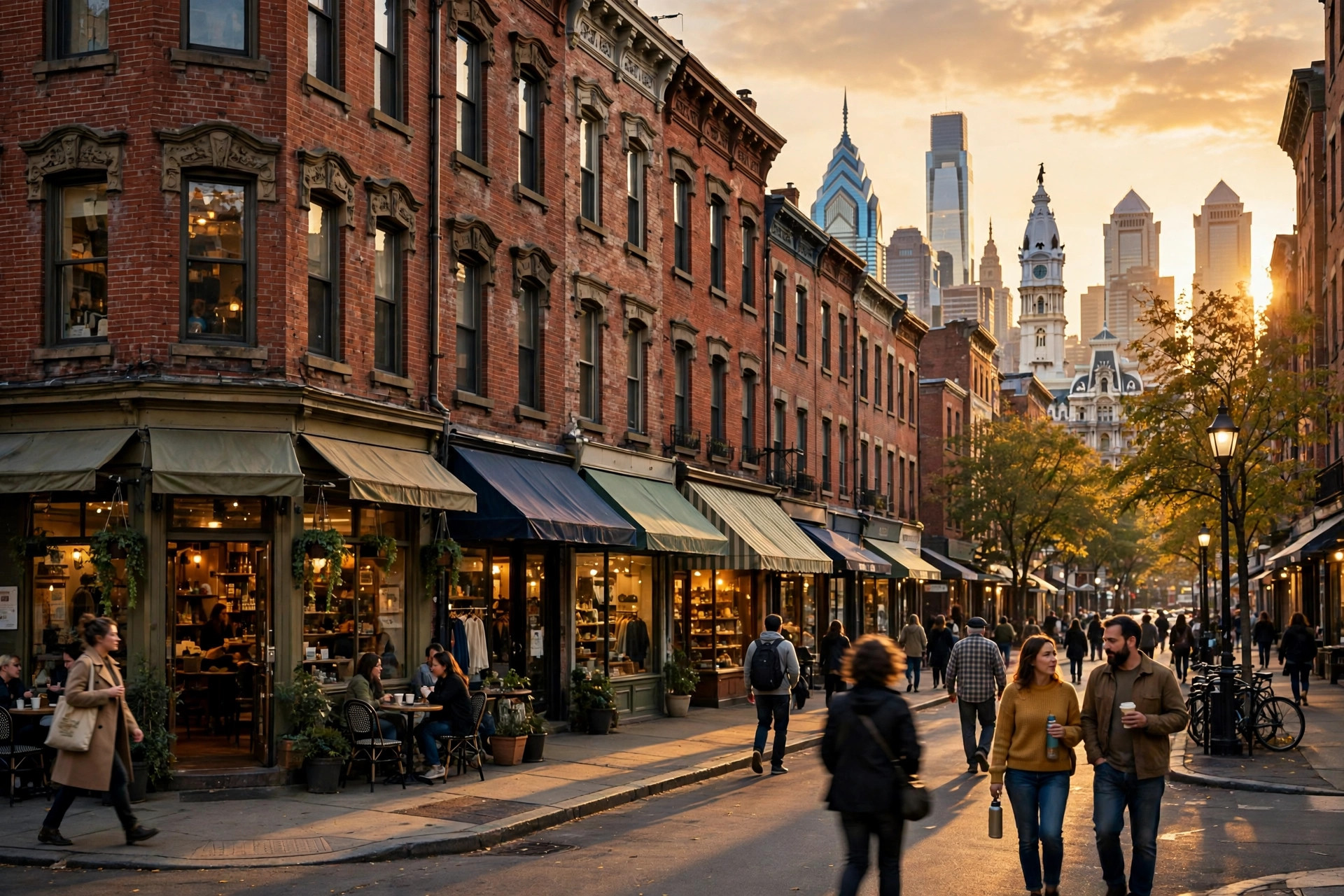 A Philadelphia commercial street at golden hour with historic brick storefronts and small businesses