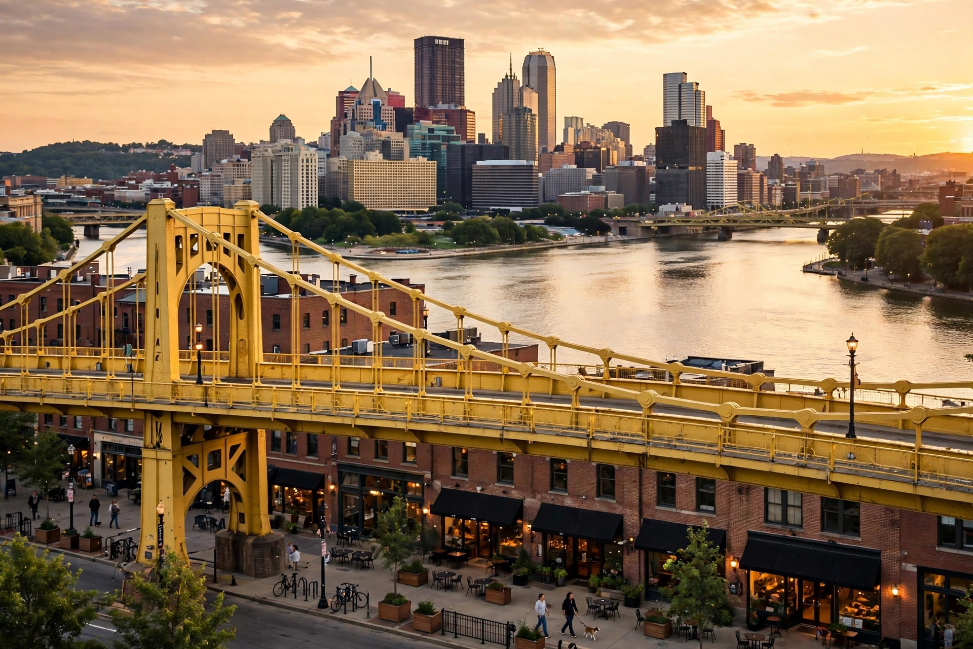 Pittsburgh's downtown skyline at golden hour across the river, with a yellow bridge and brick commercial storefronts