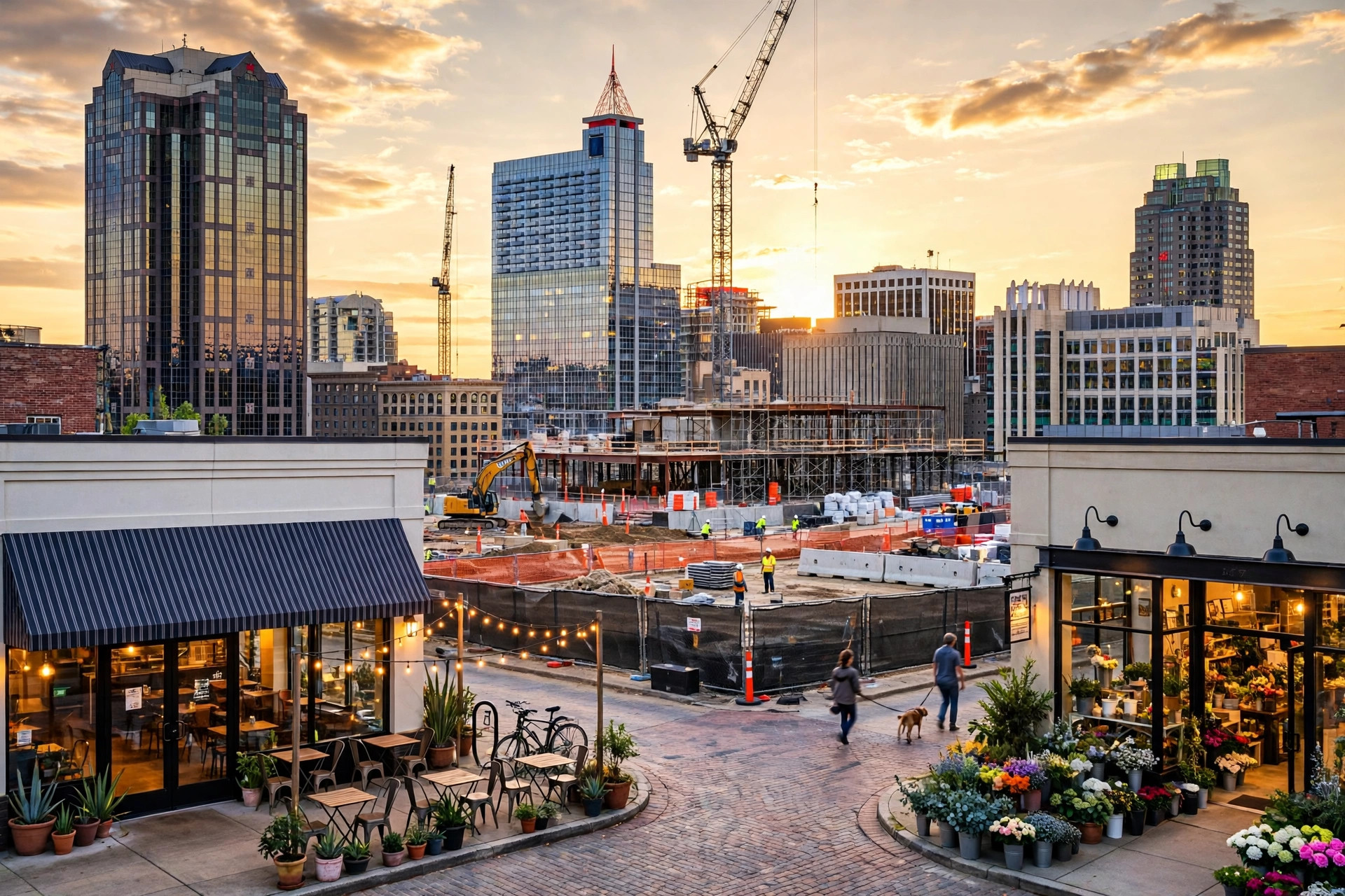 Downtown Raleigh, North Carolina skyline at golden hour, with construction cranes over new towers and a small business street in the foreground