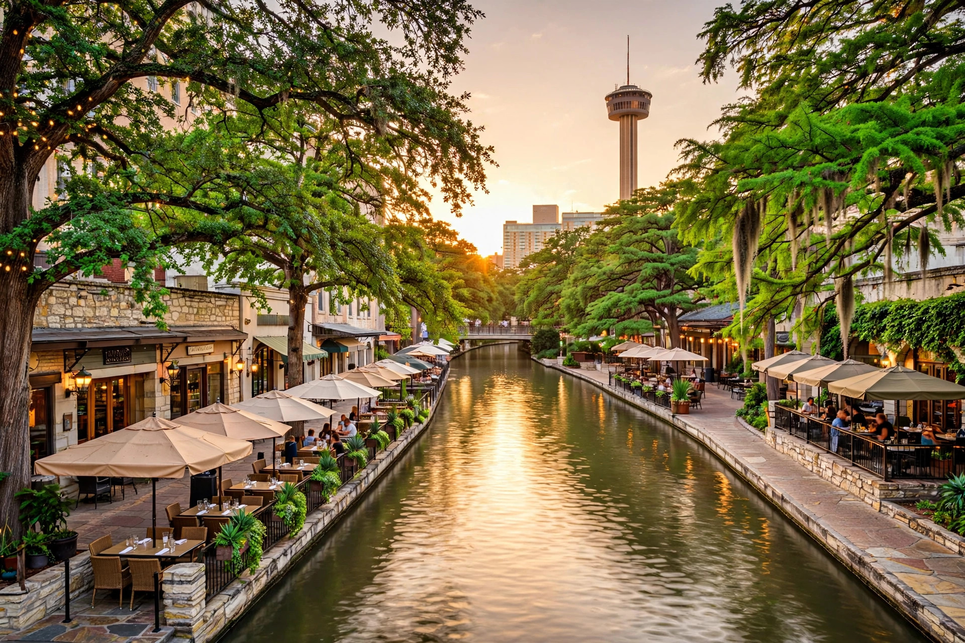 The San Antonio River Walk at golden hour with riverside restaurants and the Tower of the Americas in the background