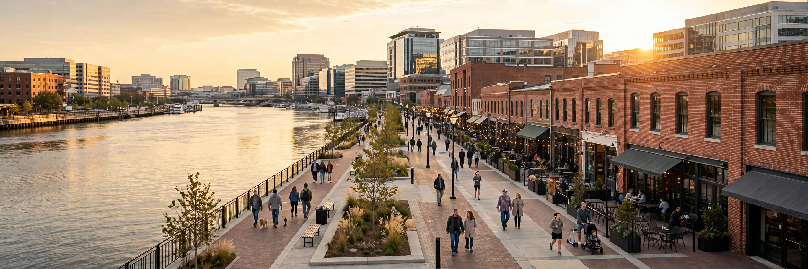 Downtown Wilmington Delaware riverfront at golden hour with office buildings and a small business storefront row