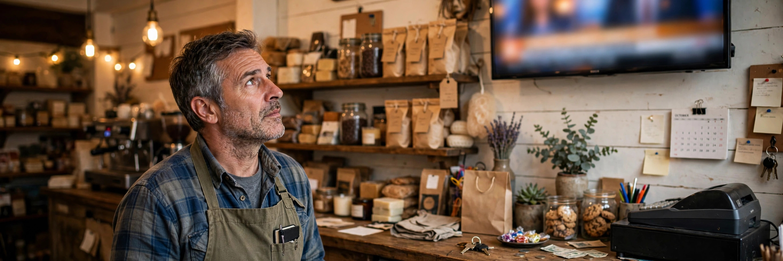 Small business owner behind his shop counter watching financial news about interest rates on a wall-mounted TV