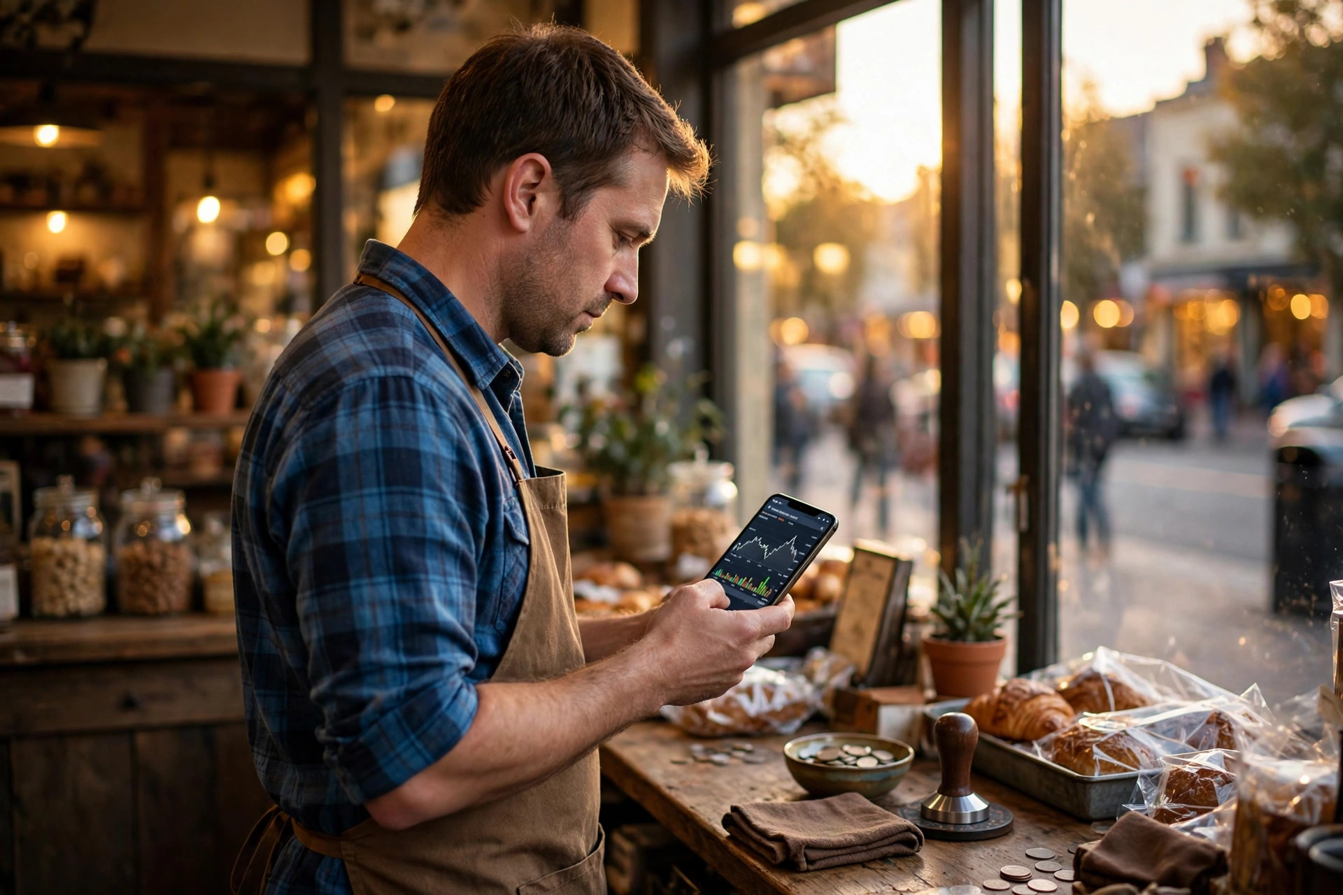 Small business owner checking financial news on his phone behind the counter of his shop