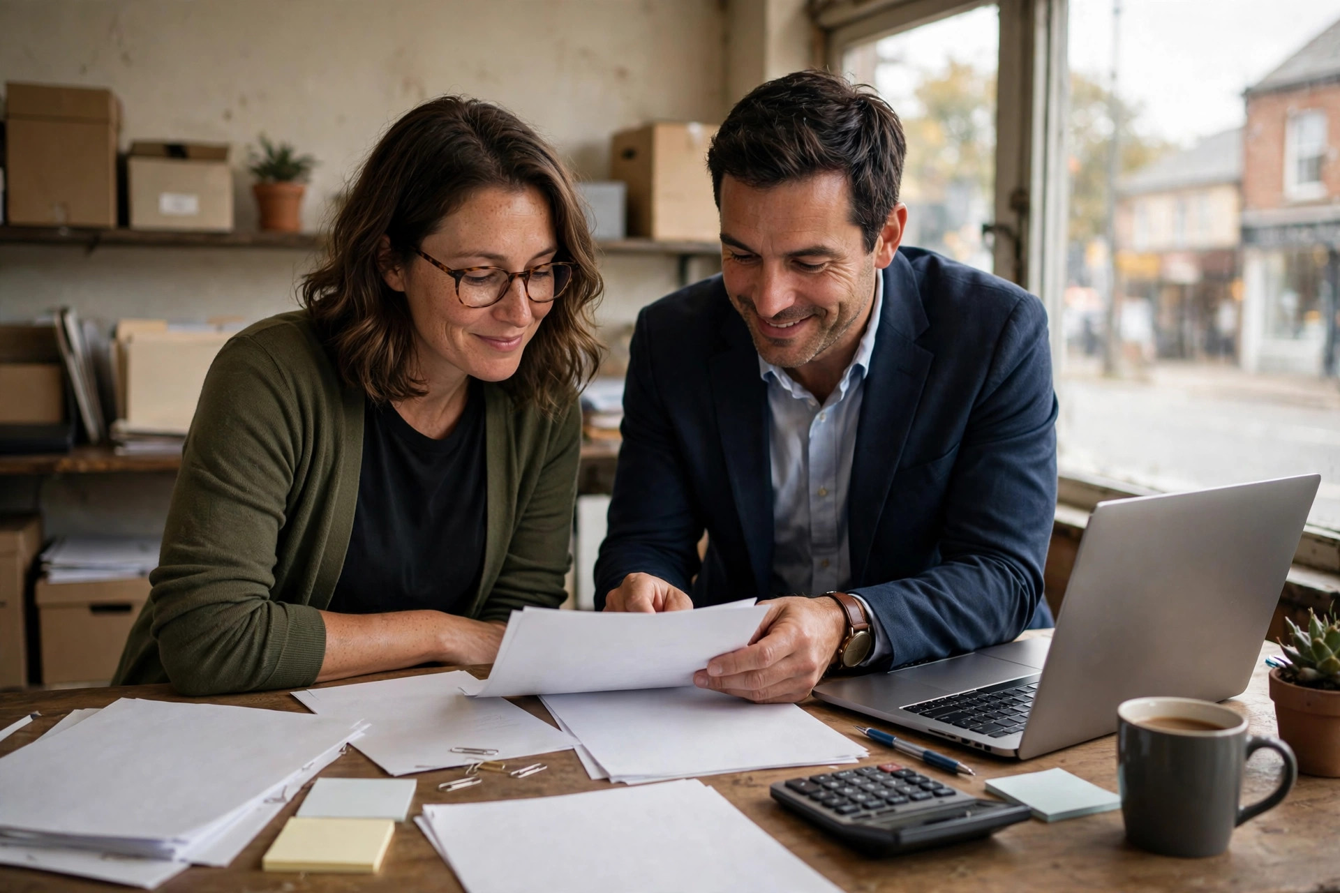 Small business owner reviewing refinancing paperwork with an advisor at a desk