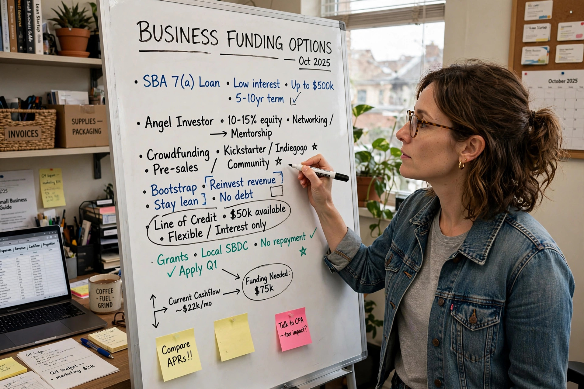 Small business owner at a whiteboard mapping out business funding options including SBA loans and lines of credit