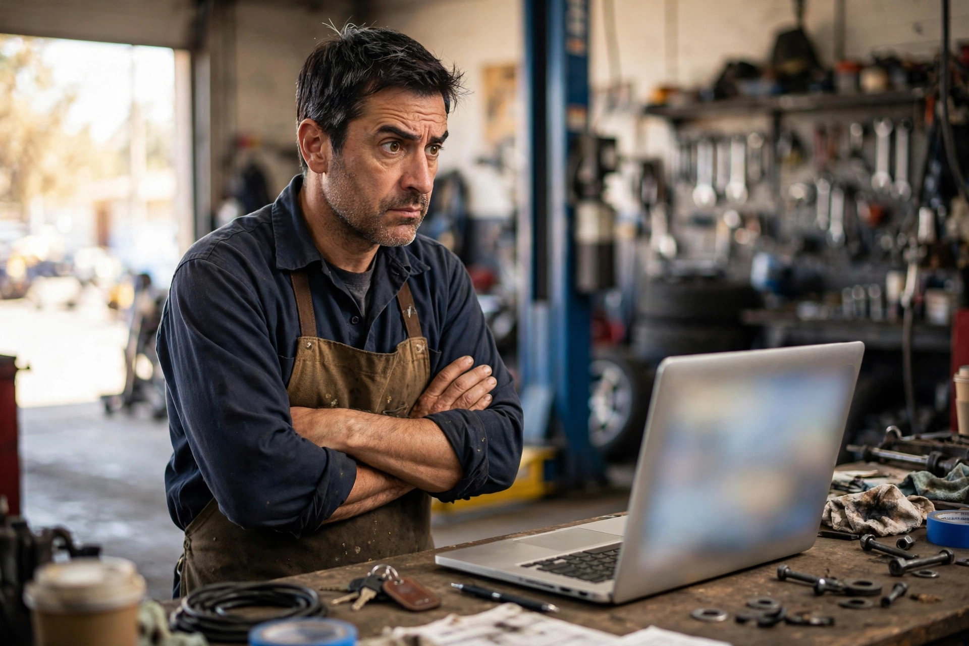 Auto repair shop owner looking skeptically at a too-good-to-be-true loan offer on his laptop
