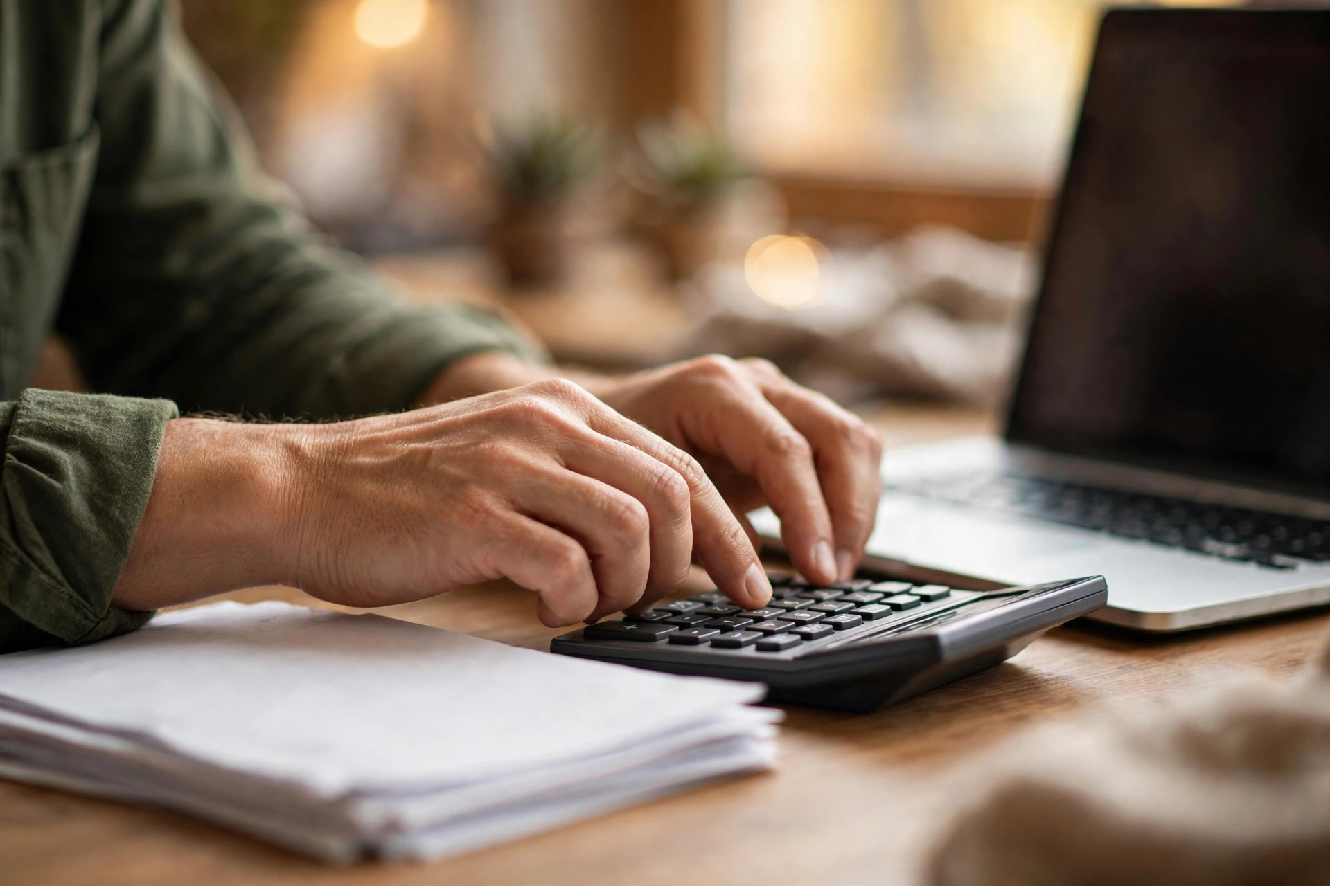A business owner using a calculator next to bank statements and a laptop
