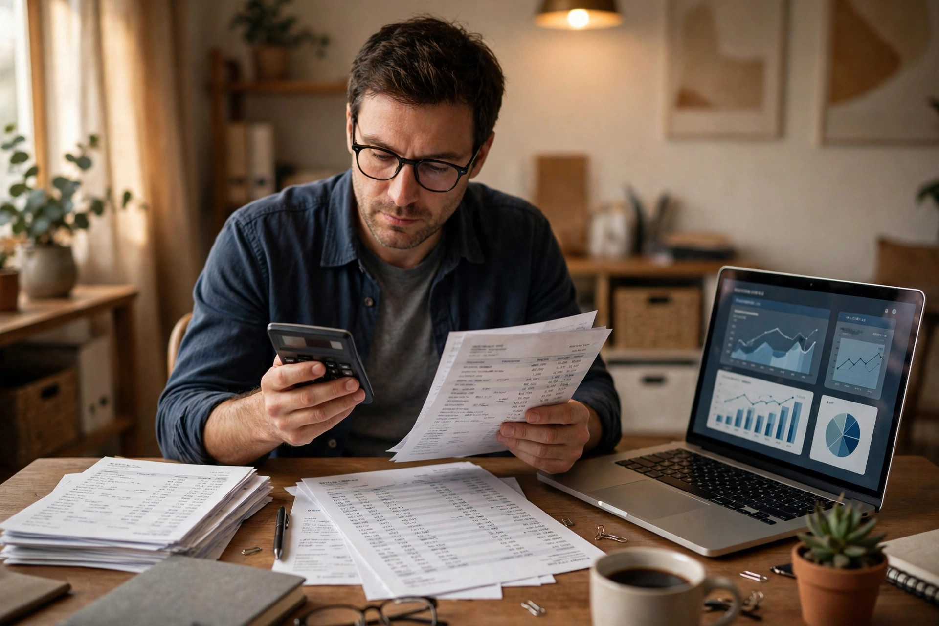 A small business owner at a desk working through bank statements with a calculator, a laptop showing funding charts, and a coffee