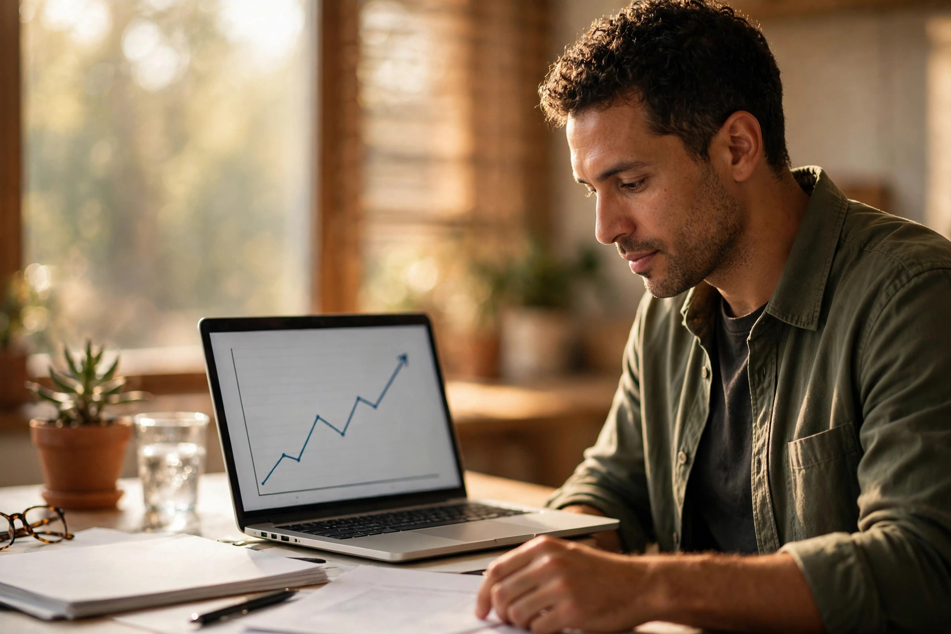 Small business owner at a desk reviewing paperwork with a laptop showing a rising chart