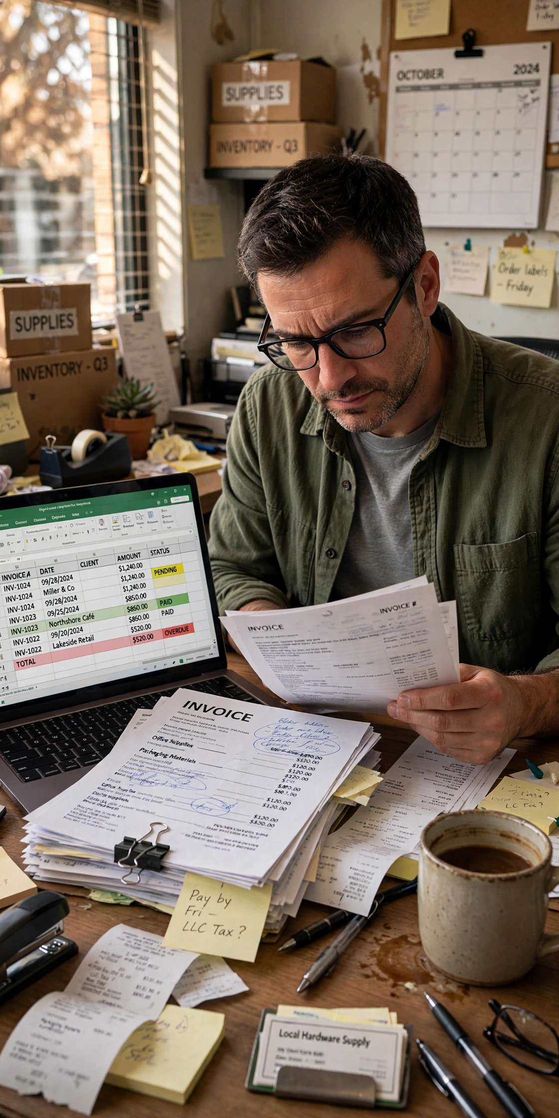 Small business owner reviewing a stack of paper invoices and a laptop spreadsheet at a cluttered office desk