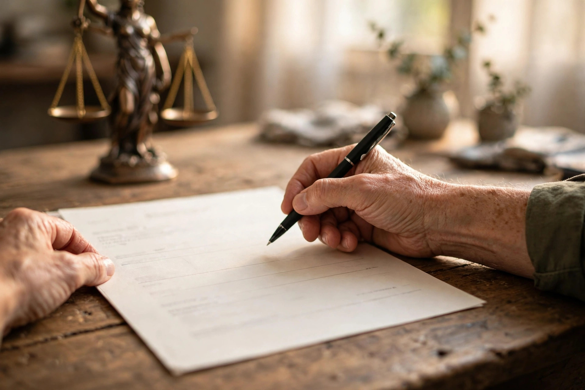 Business owner signing a merchant funding contract at a desk with a scales-of-justice statue in the background